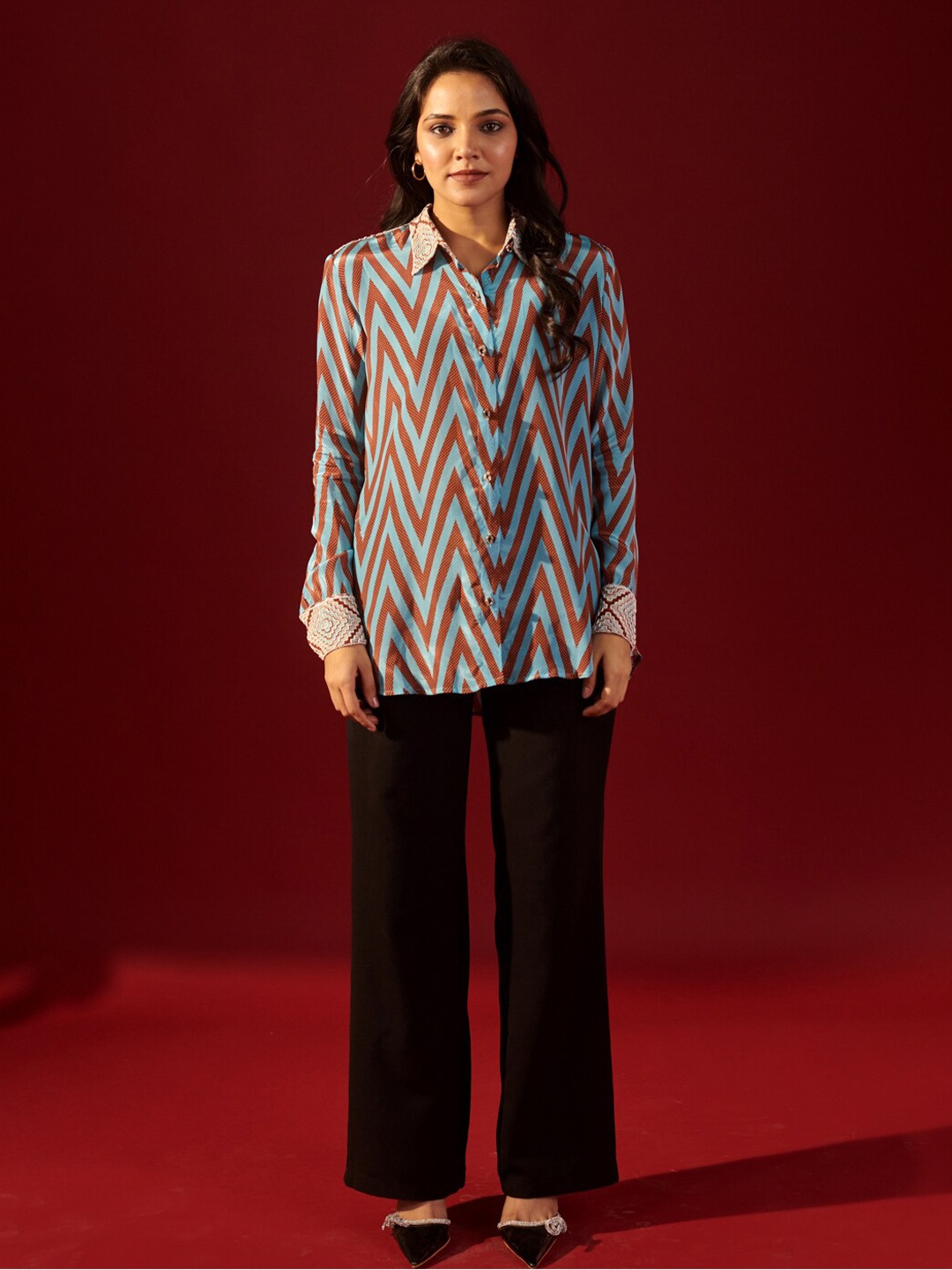 

Ambraee Geometric Printed Spread Collar Embroidered Shirt, Teal