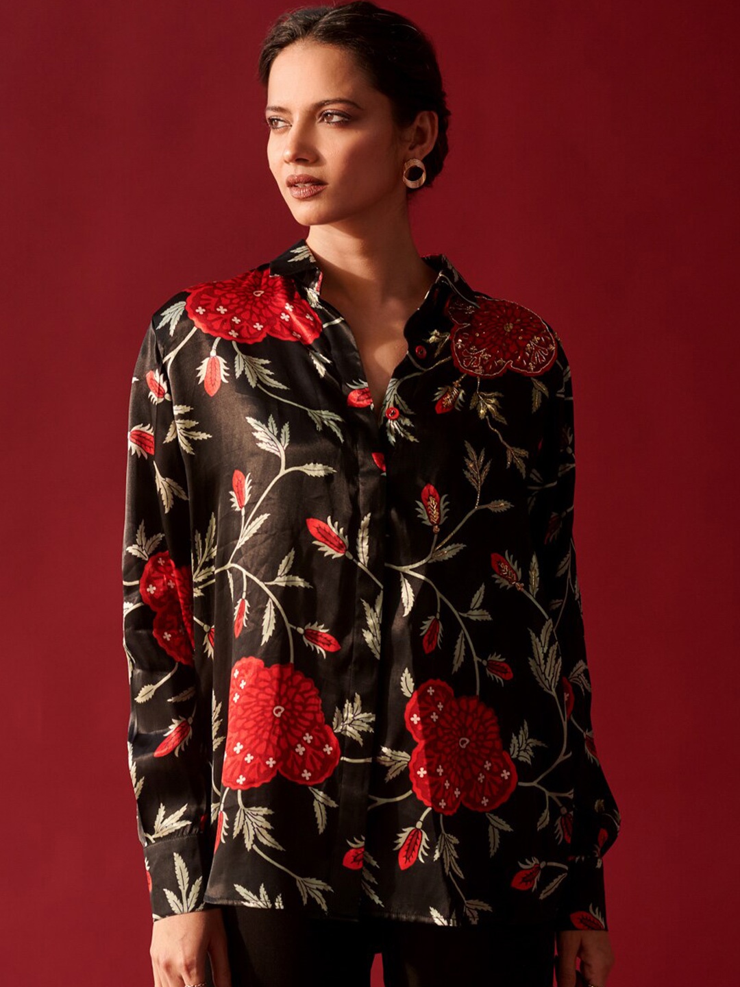 

Ambraee Floral Printed Spread Collar Straight Shirt, Black