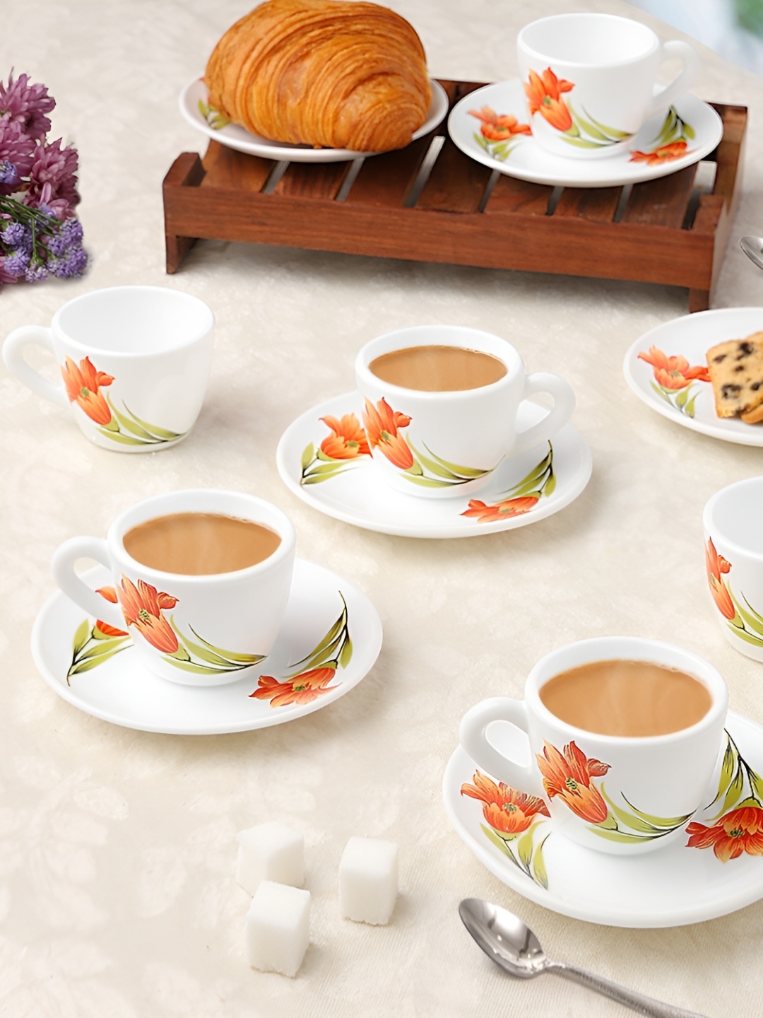 

Larah by BOROSIL Iris 12 Pieces White & Red Printed Opalware Cups & Saucers 90 ml