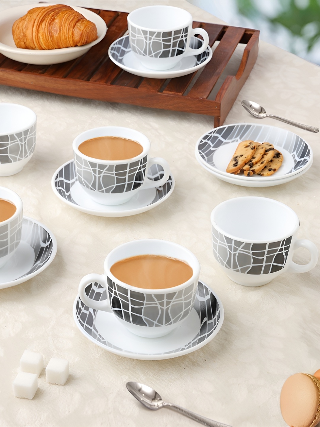 

Larah by BOROSIL Sitara 12 Pieces White & Black Printed Opalware Cups & Saucers 120 ml