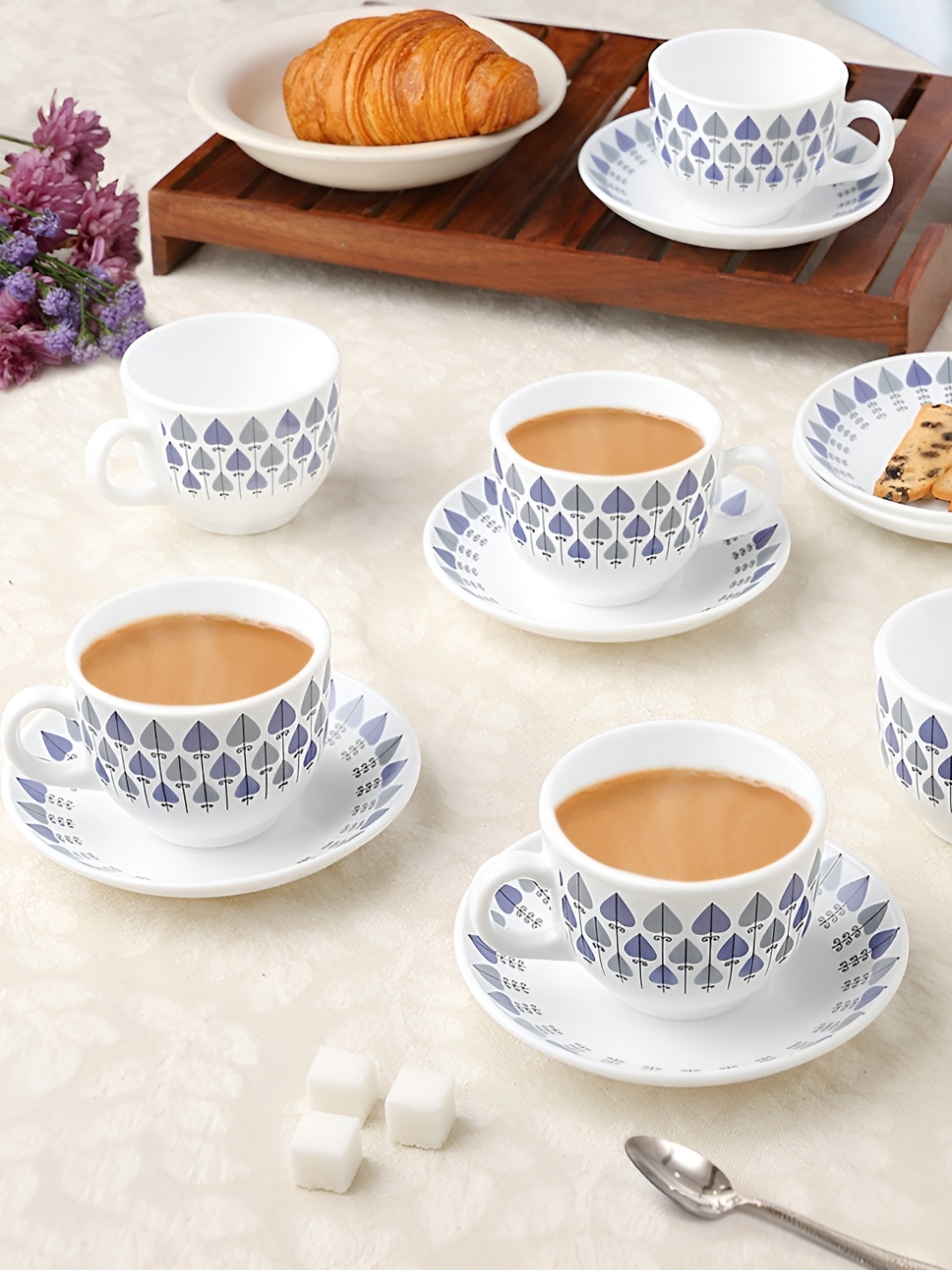 

Larah by BOROSIL Rainbow 12 Pcs White & Blue Printed Opalware Cups & Saucers 120 ml