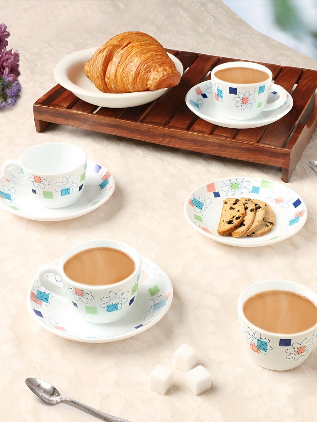 

Larah by BOROSIL Starflower 8 Pcs White & Blue Printed Opalware Cups & Saucers 140 ml
