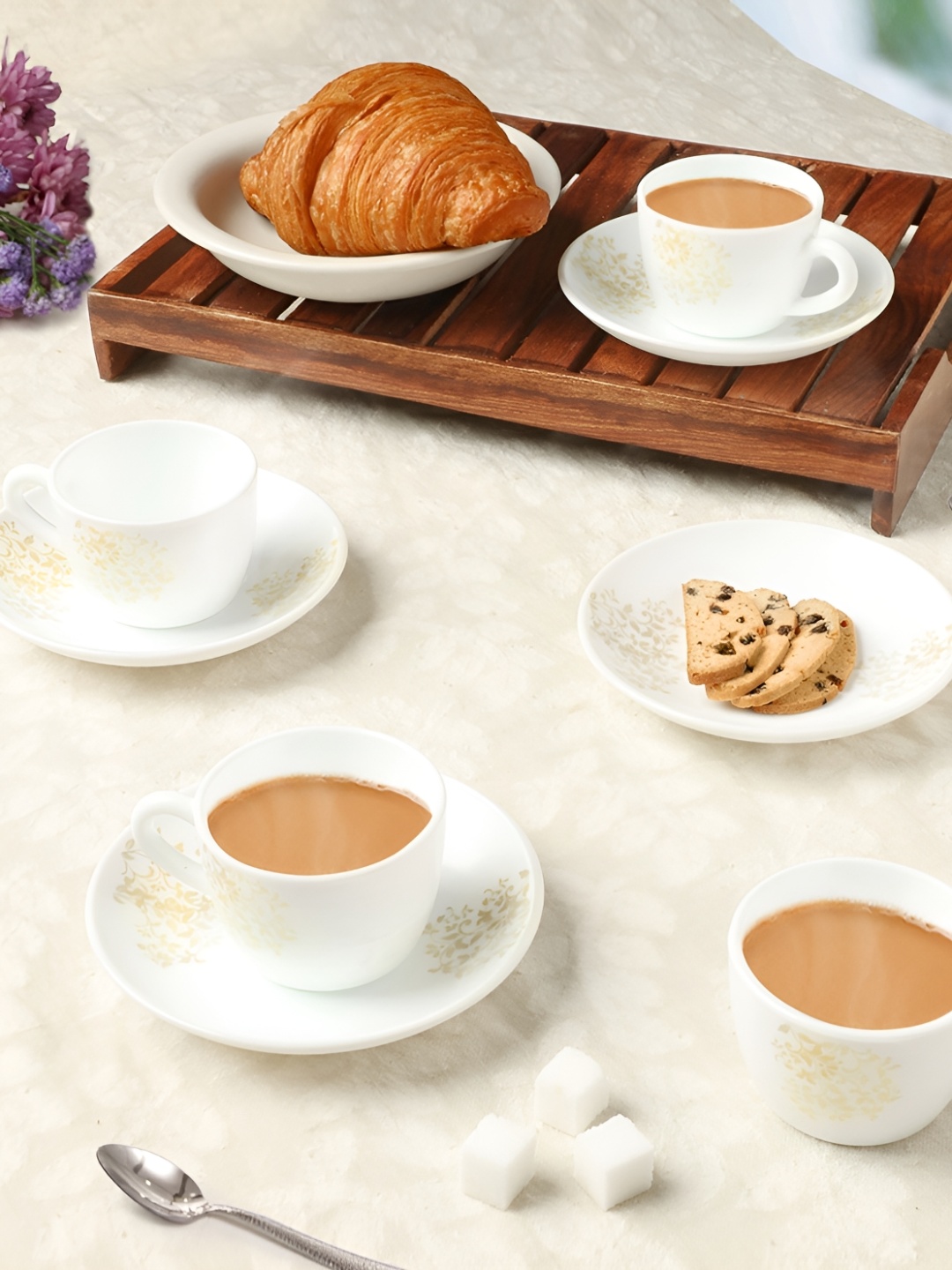 

Larah by BOROSIL Ingot 8 Pieces White & Brown Printed Opalware Cups & Saucers 140 ml