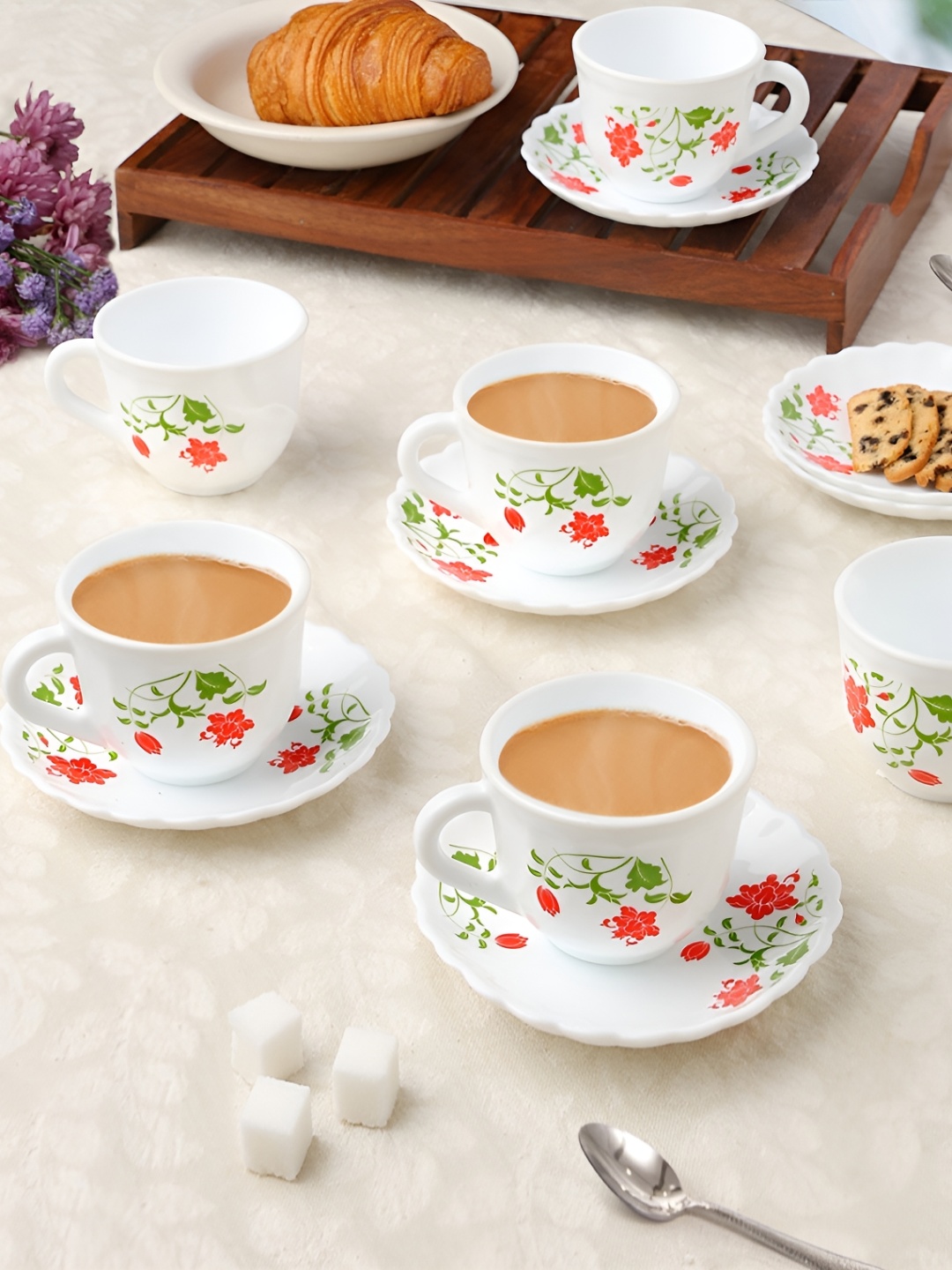 

Larah by BOROSIL Hazel 12 Pieces White & Red Printed Opalware Glossy Cups & Saucers 90 ml