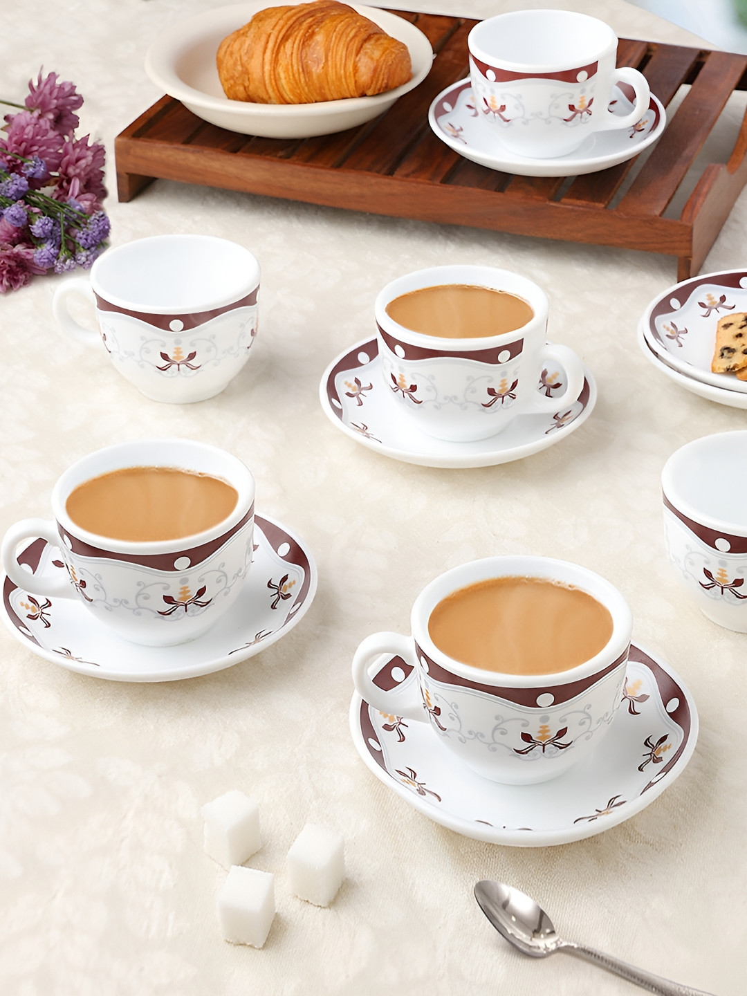 

Larah by BOROSIL Royal 12 Pieces White & Purple Printed Opalware Cups & Saucers 120 ml
