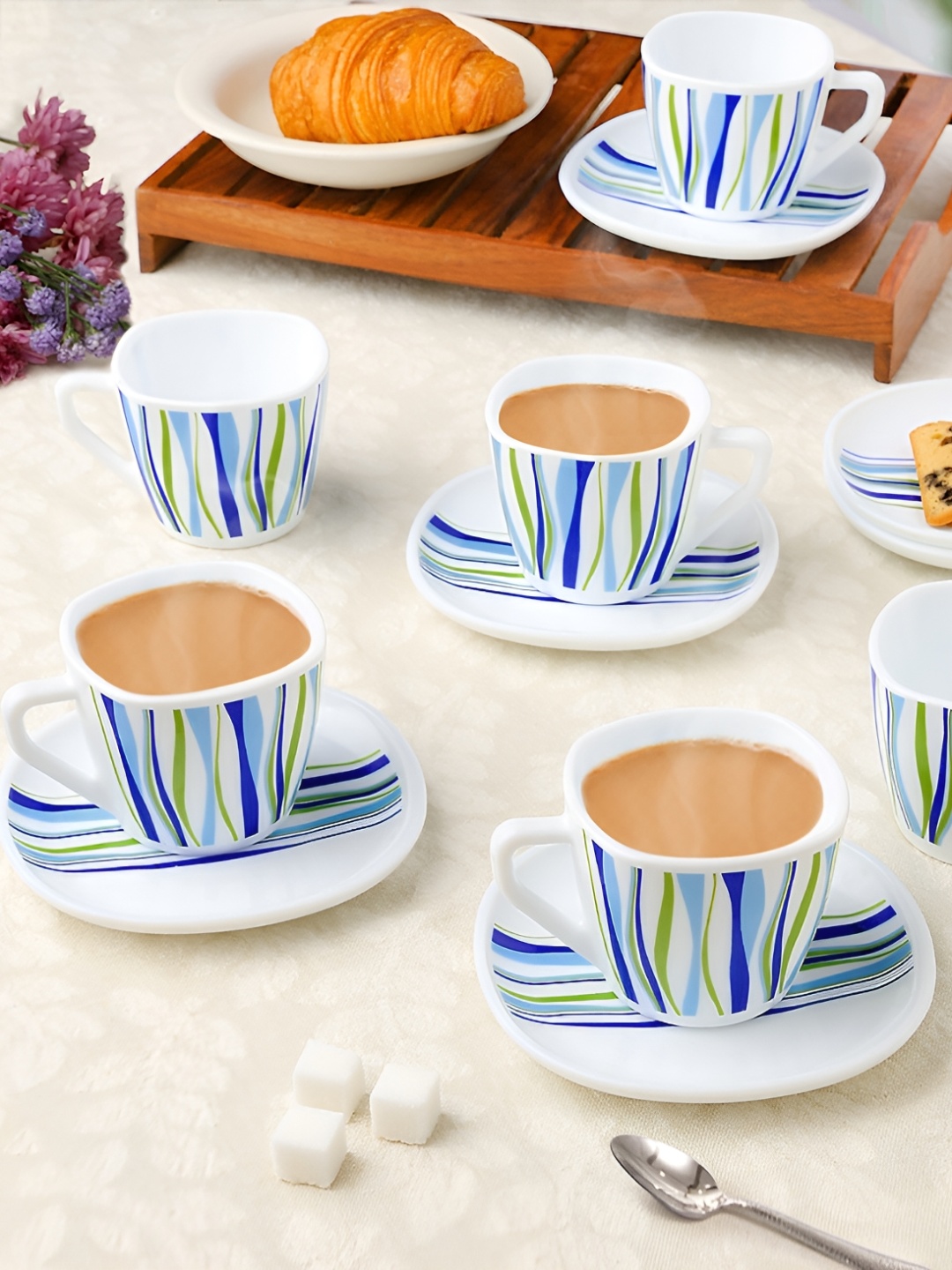 

Larah by BOROSIL Rio 12 Pieces White & Blue Printed Opalware Glossy Cups & Saucers 120 ml