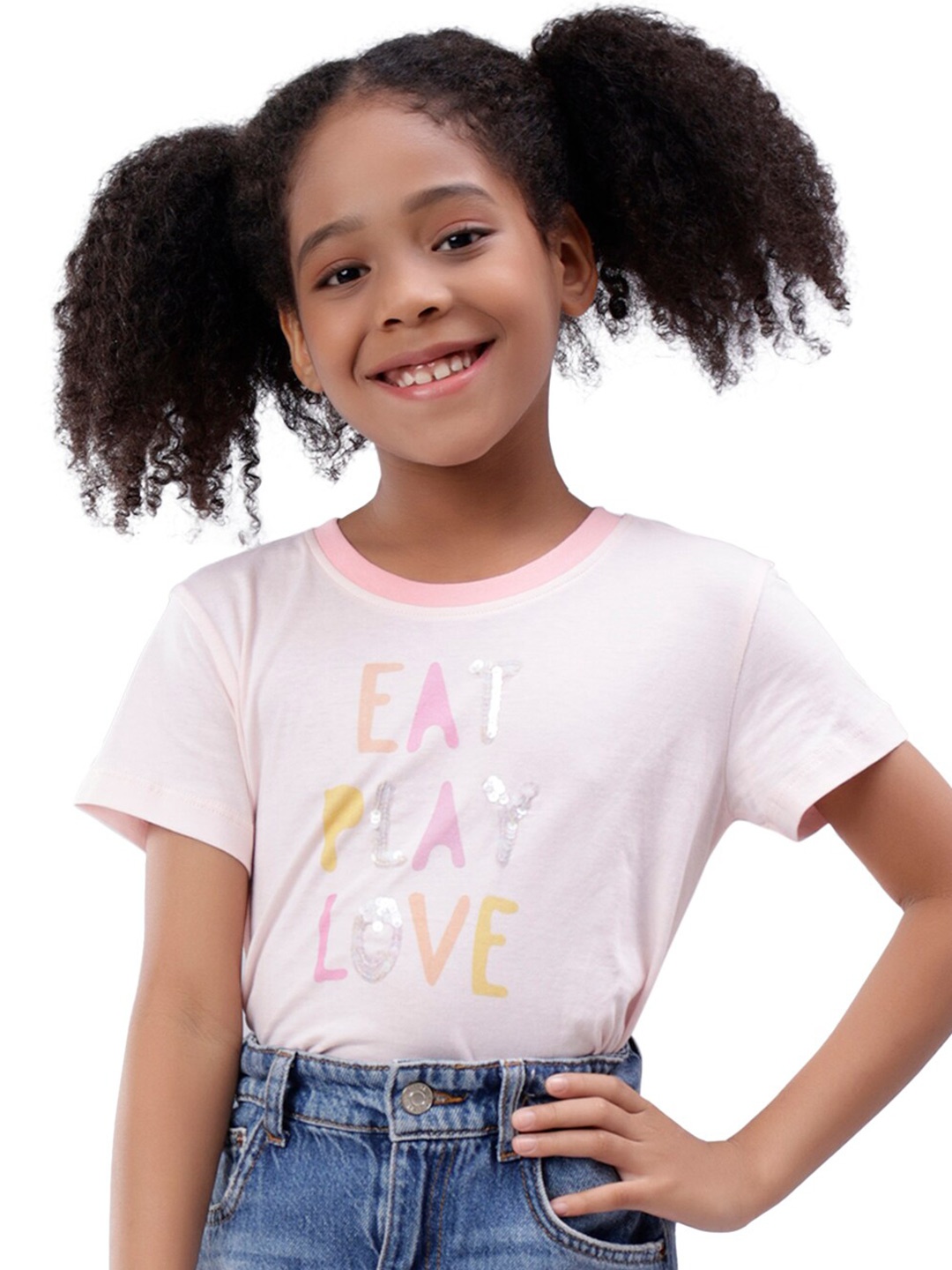 

Nimble Girls Typography Printed Embellished Cotton T-shirt, Pink