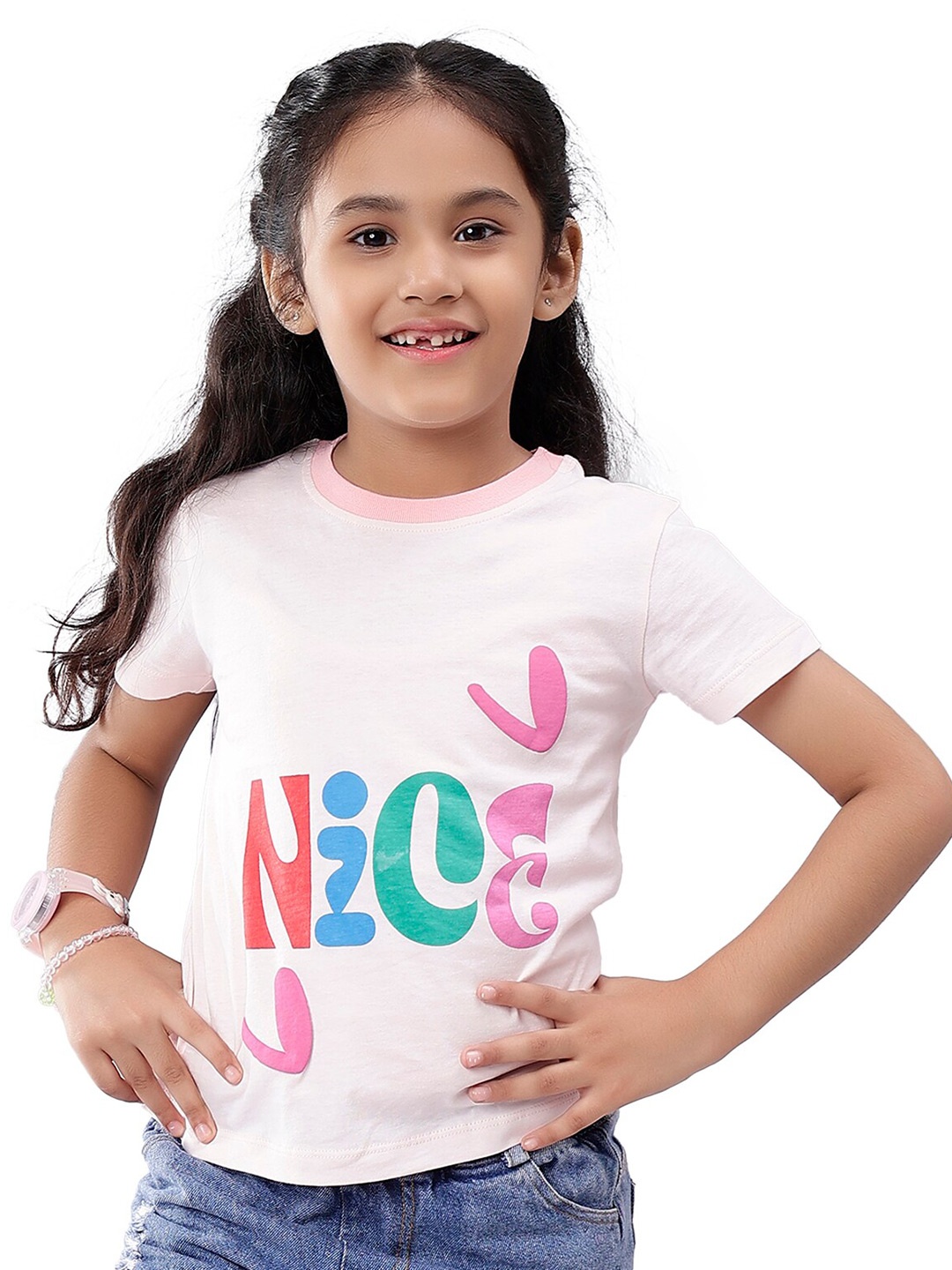 

Nimble Girls Typography Printed Cotton T-shirt, Pink