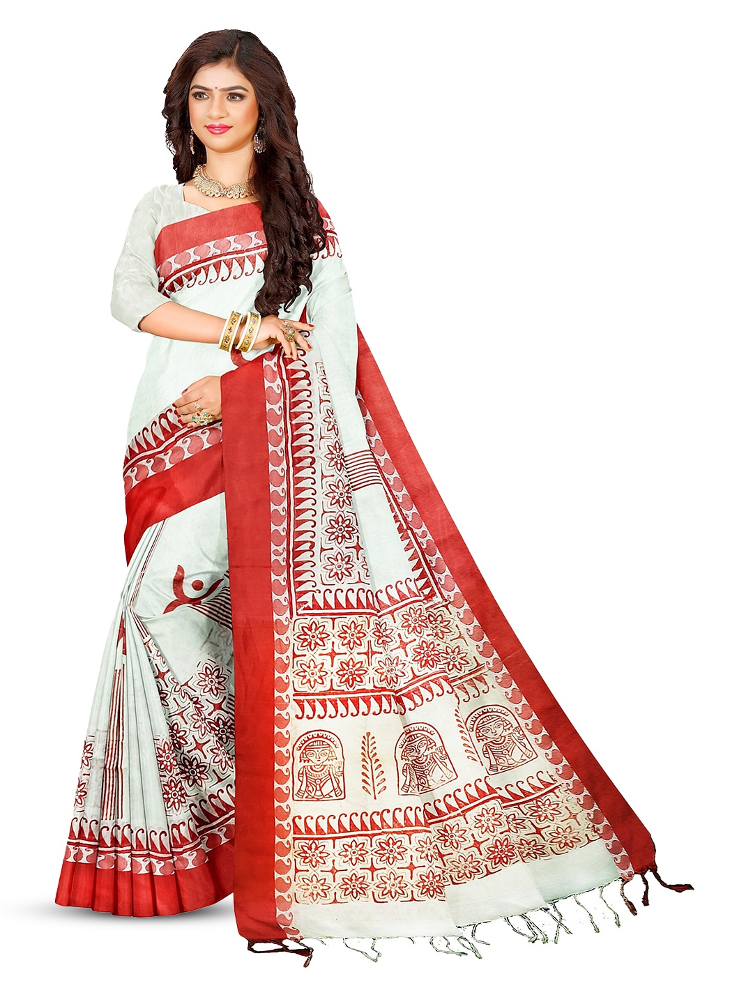 

SPAL FASHION Paisley Pure Cotton Block Print Saree, White