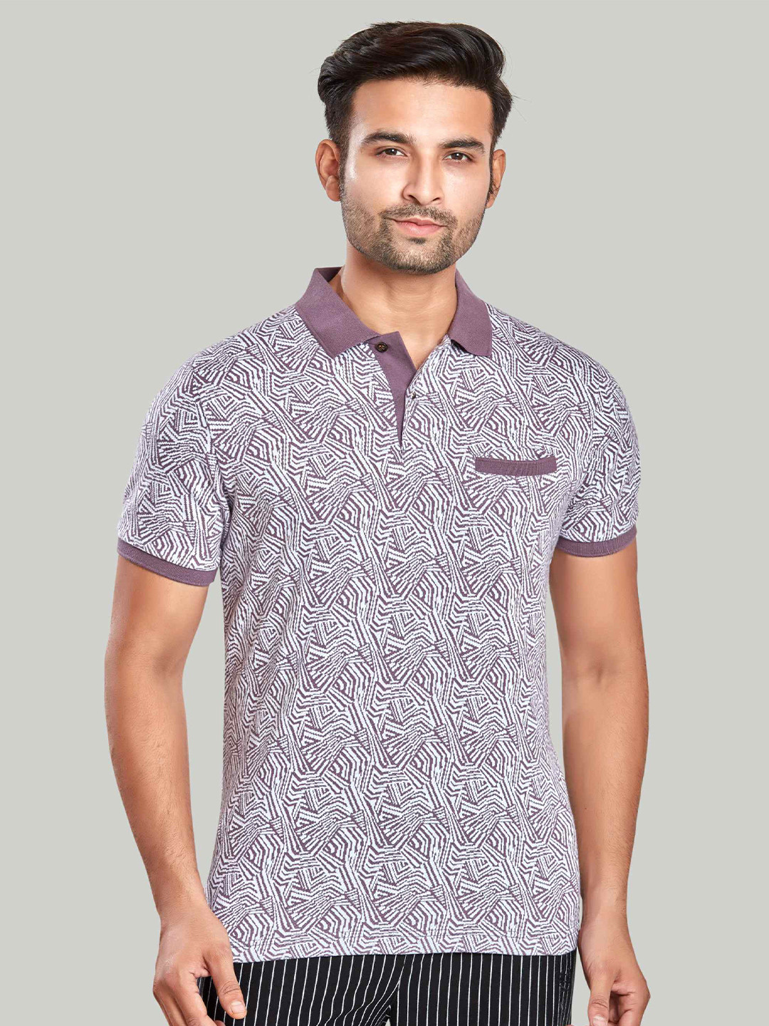 

CELSIUS Geometric Printed Polo Collar Jacquard T-shirt, Purple
