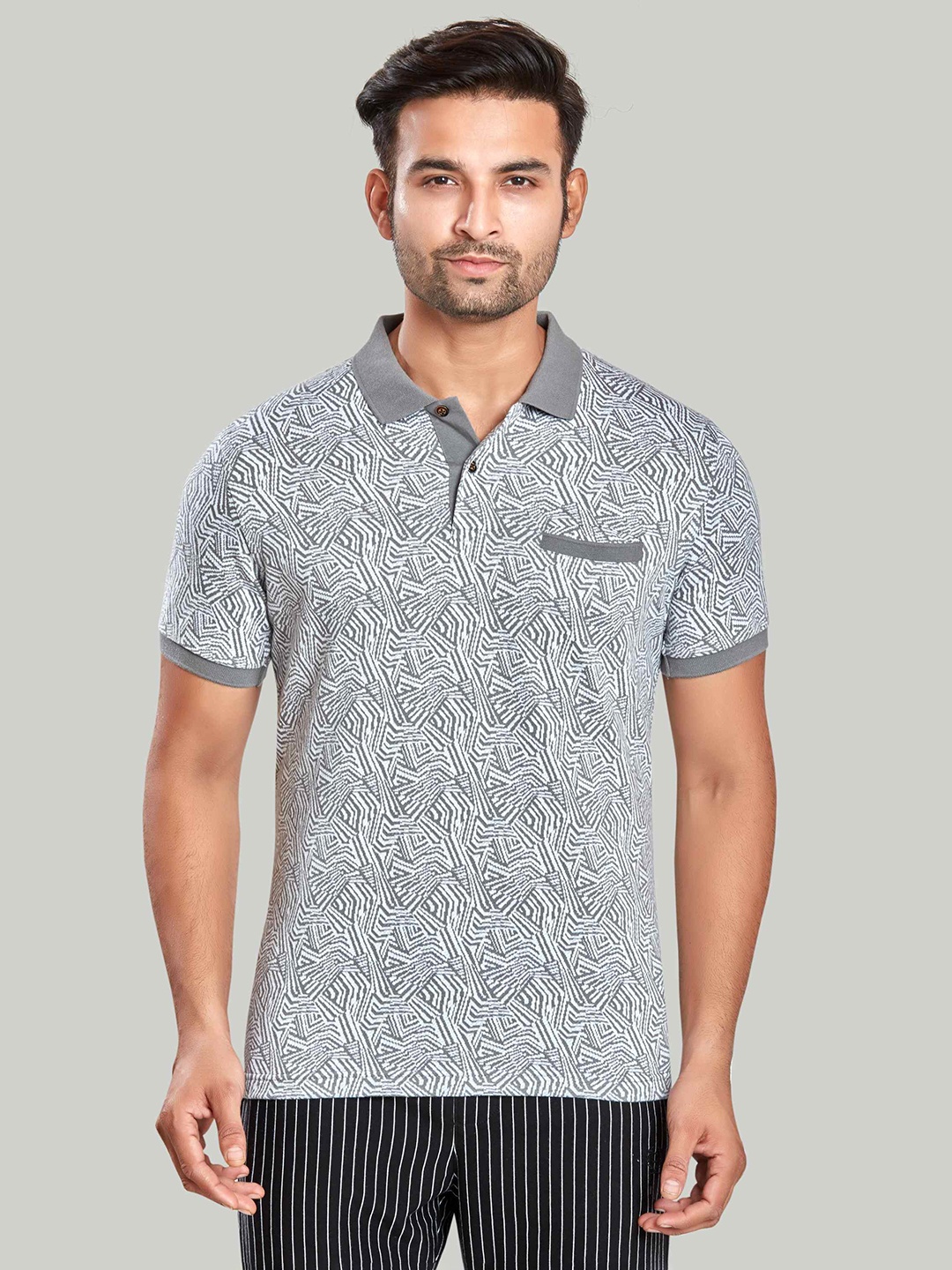 

CELSIUS Abstract Printed Cotton Polo Collar T-shirt, Silver