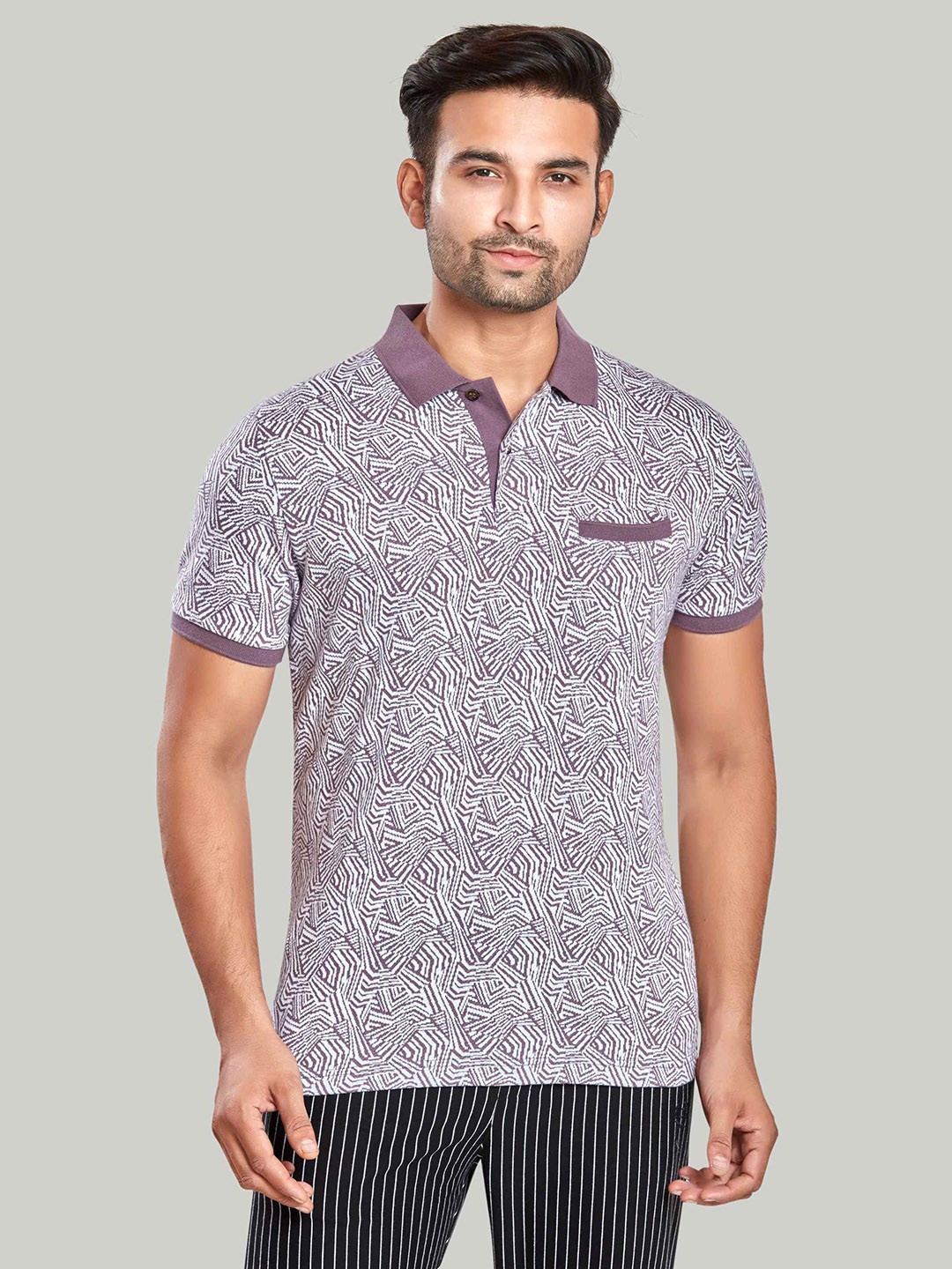 

CELSIUS Abstract Printed Cotton Polo Collar T-shirt, Purple