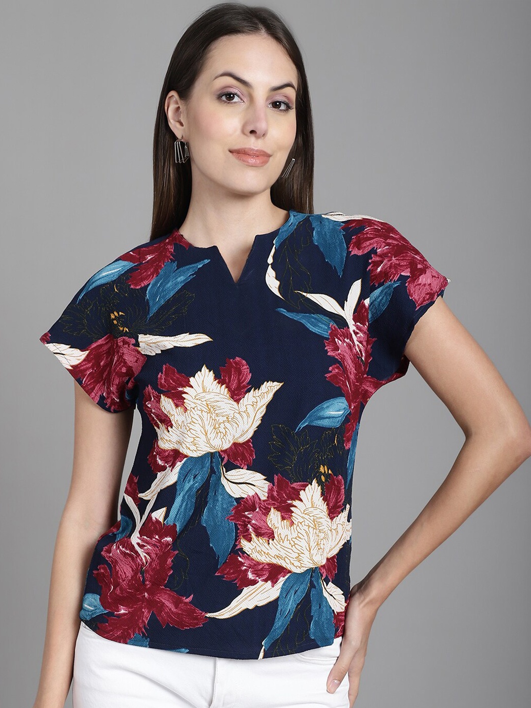 

Dressitude Floral Printed Extended Sleeves Top, Navy blue