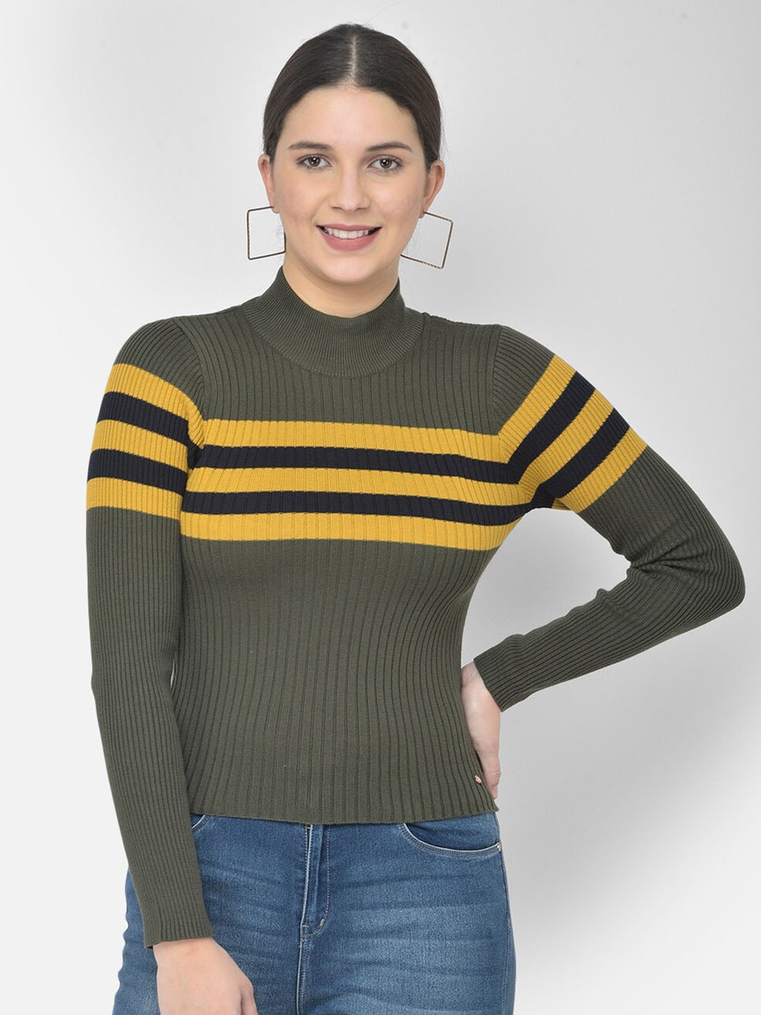 

Numero Uno Striped Turtle Neck Long Sleeves Pullover Sweater, Green