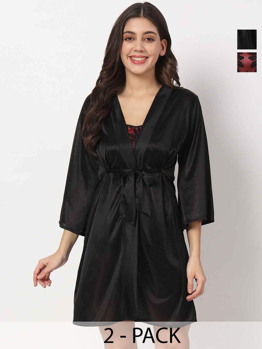 

Klamotten Women Printed Night Suits With Robe, Black