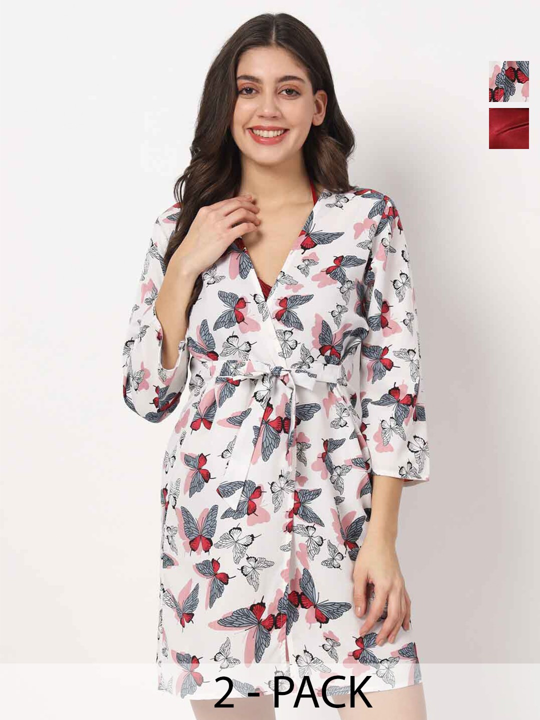 

Klamotten Halter Neck Non Padded Lingerie Set With Printed Robe, Maroon