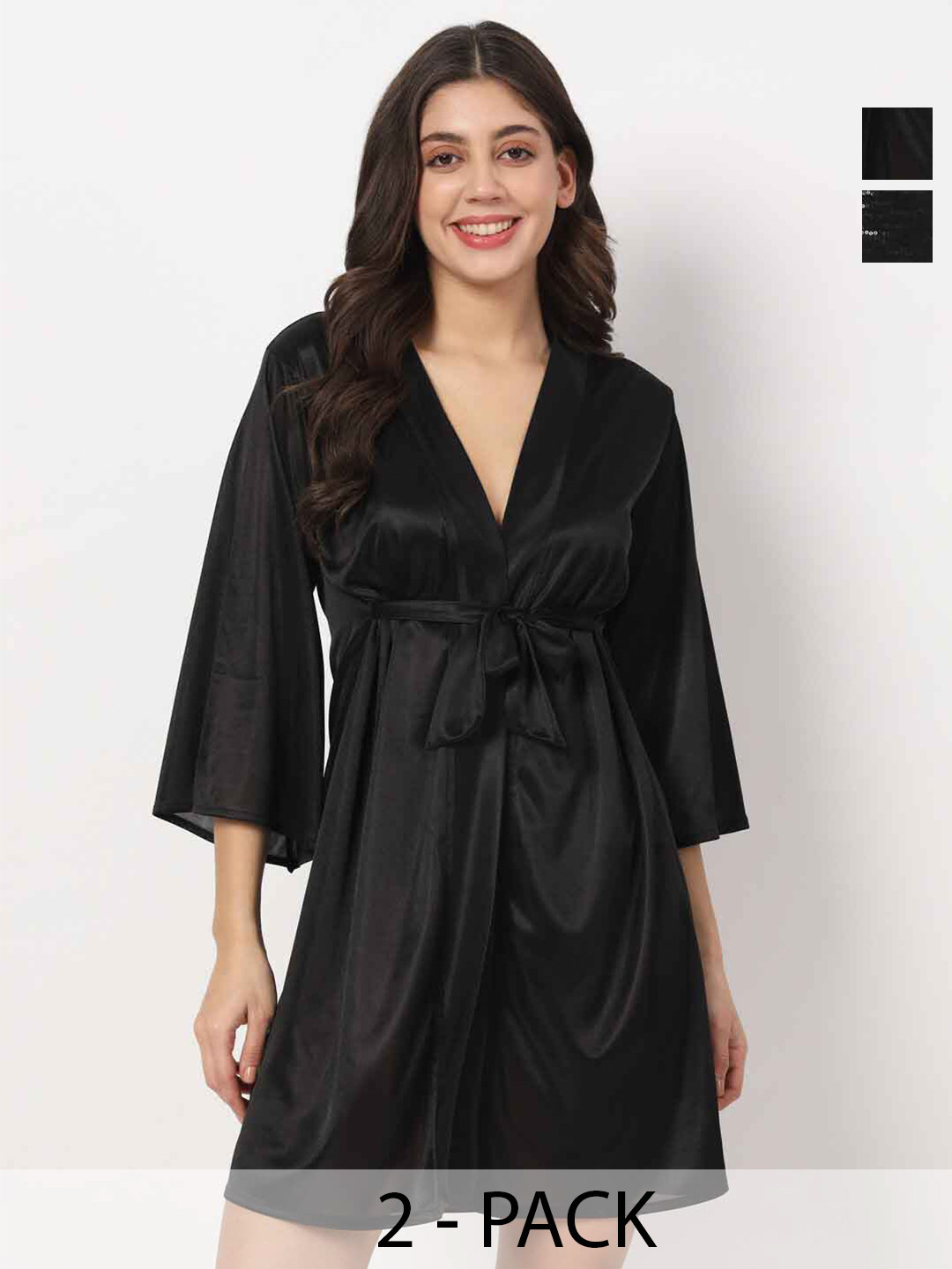 

Klamotten Sequinned Embellished Halter Neck Night suit With Robe, Black