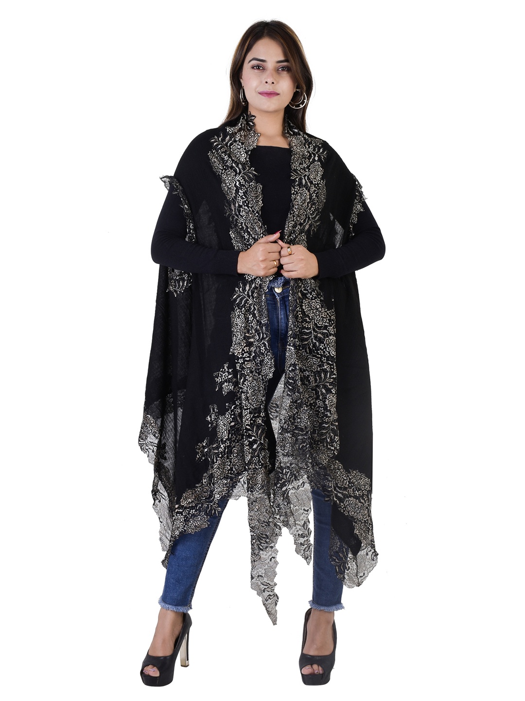 

Rhe-Ana Floral Self Design Embroidered Woolen Longline Open Front Shrug, Black