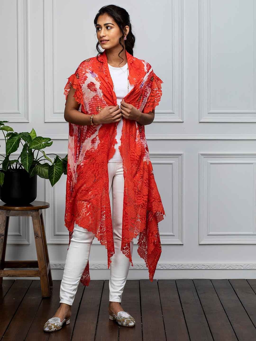 

Rhe-Ana Floral Printed Lace Detail Modal Longline Open Front Shrug, Red