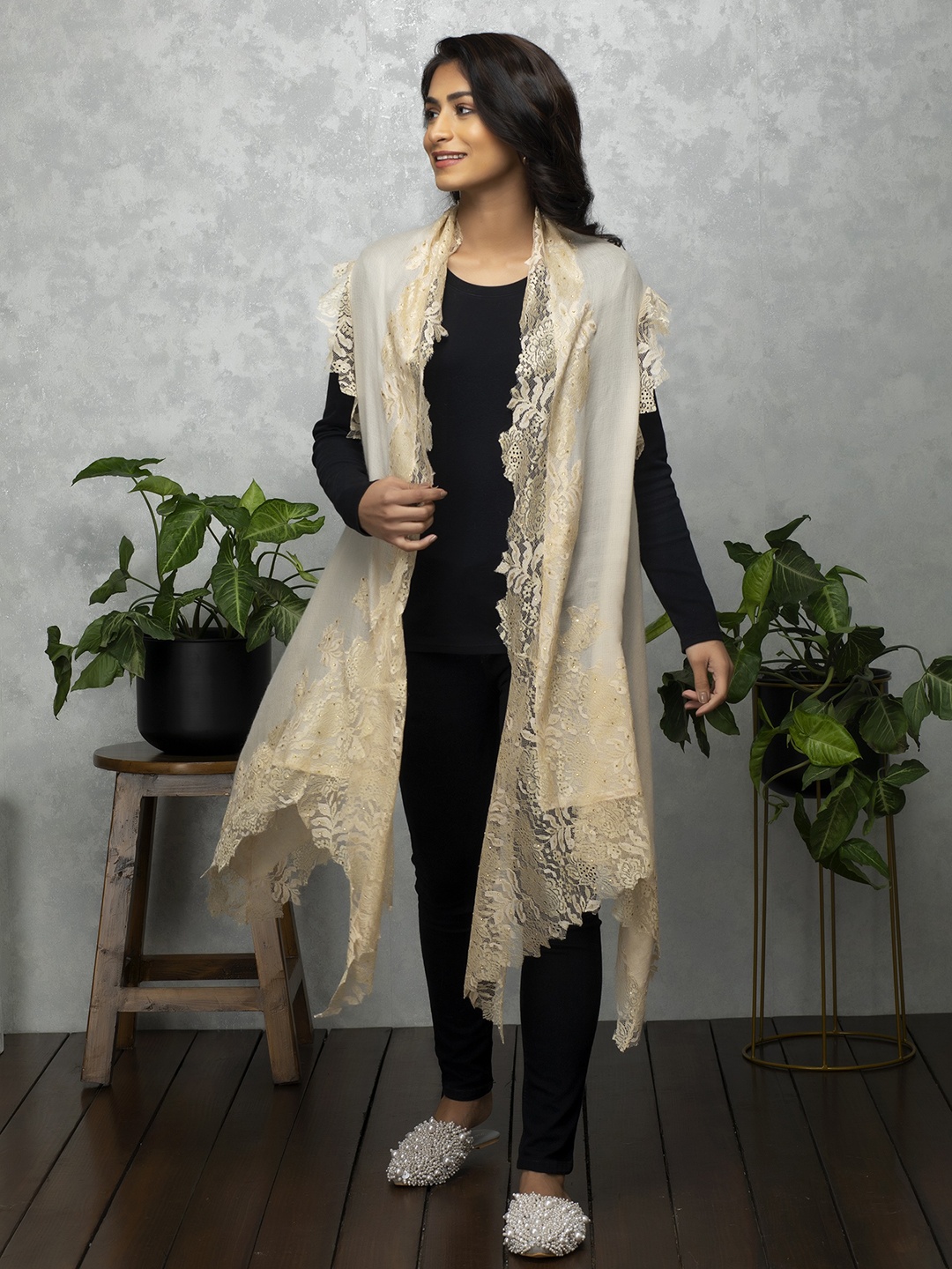 

Rhe-Ana Self Design Embellished Woolen Longline Open Front Shrug, Beige