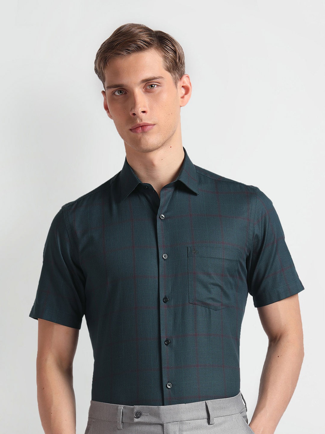 

Arrow Tartan Checked Cutaway Collar Pure Cotton Dobby Formal Shirt, Green