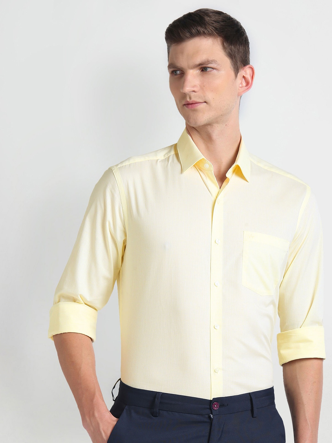 

Arrow Spread Collar Long Sleeves Slim Fit Cotton Formal Shirt, Yellow