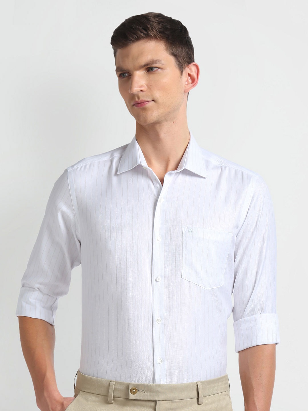 

Arrow Slim Fit Vertical Striped Cotton Opaque Autopress Formal Shirt, White