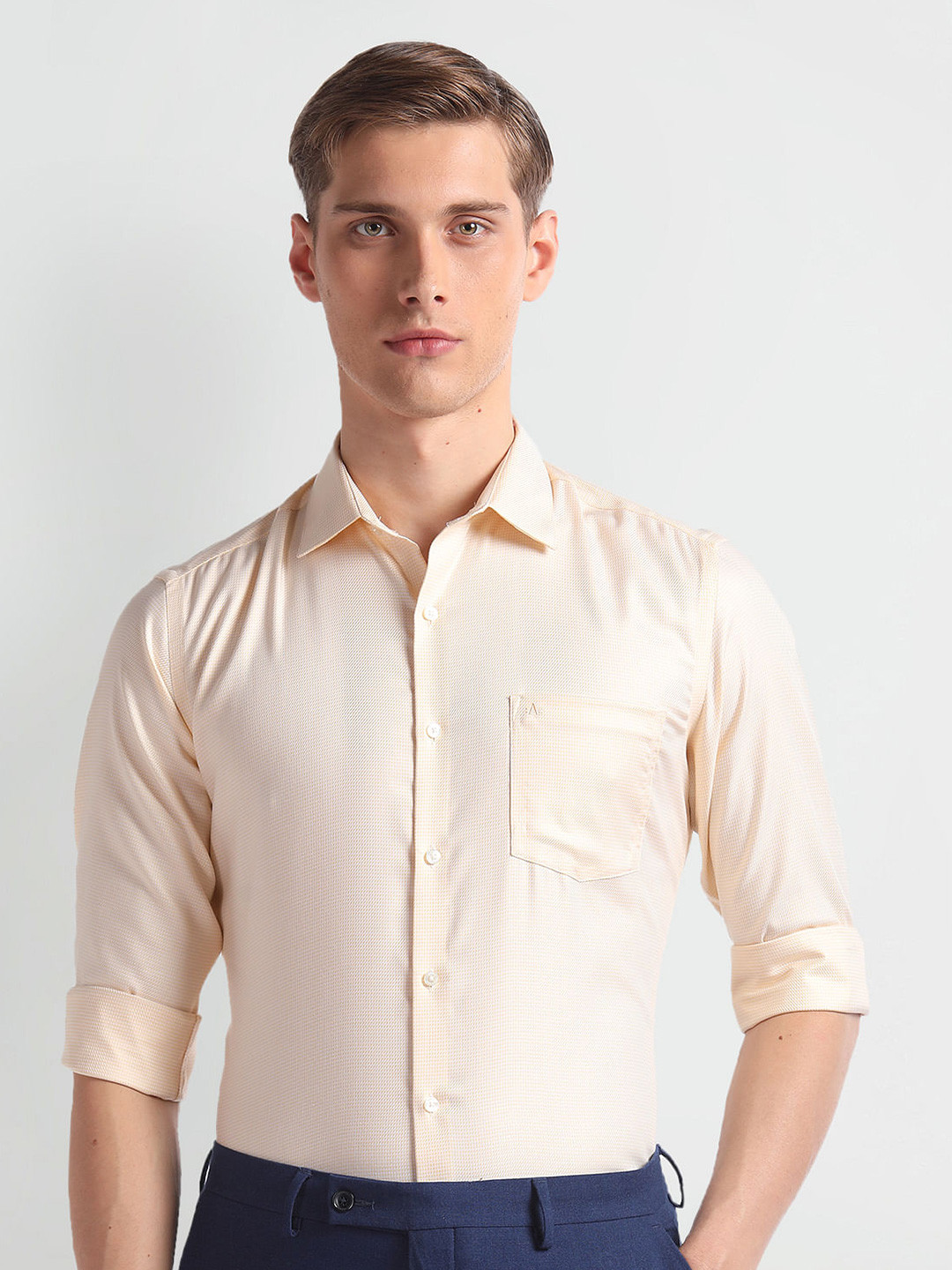 

Arrow Auto Press Slim Fit Spread Collar Long Sleeves Cotton Autopress Formal Shirt, Yellow
