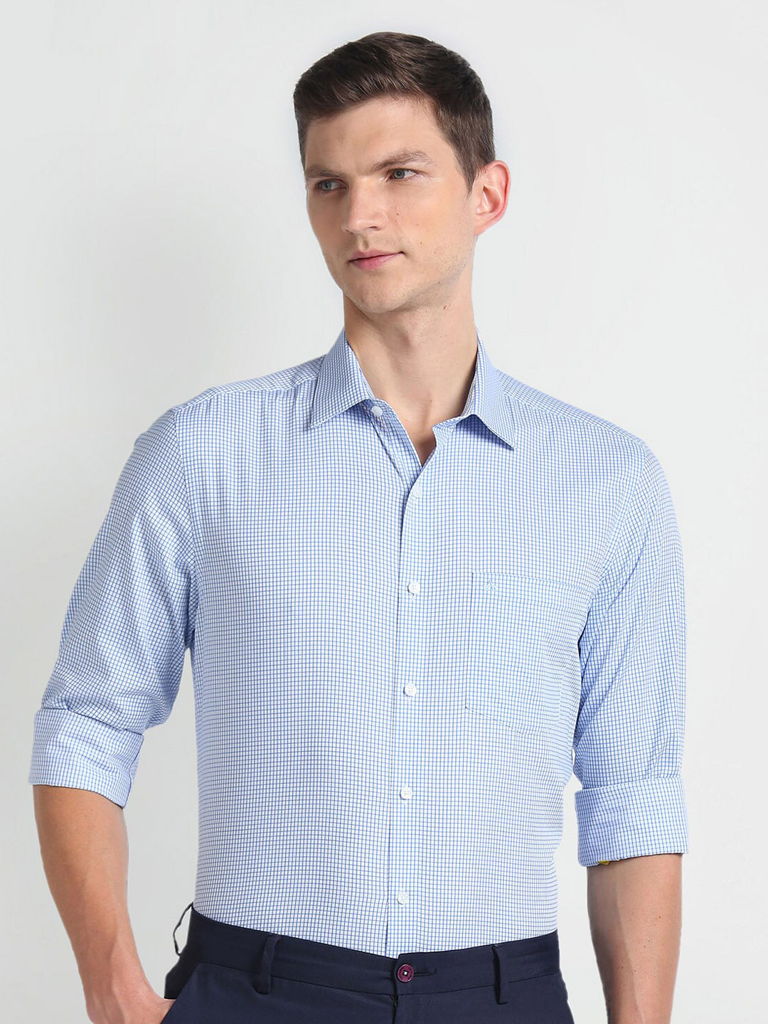 

Arrow Spread Collar Checked Classic Fit Cotton Formal Shirt, Blue
