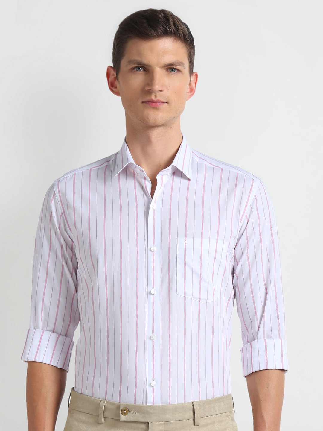 

Arrow Slim Fit Striped Spread Collar Long Sleeves Cotton Formal Shirt, Pink