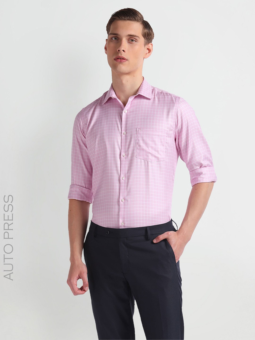 

Arrow Slim Fit Checked Spread Collar Long Sleeves Cotton Autopress Formal Shirt, Pink