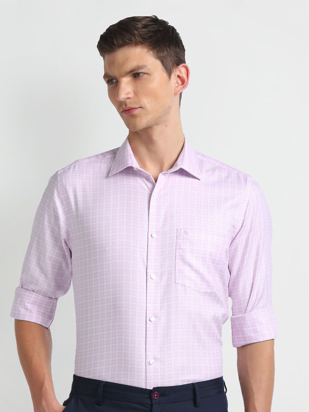 

Arrow Regular Fit Grid Tattersall Checked Cotton Opaque Autopress Formal Shirt, Purple