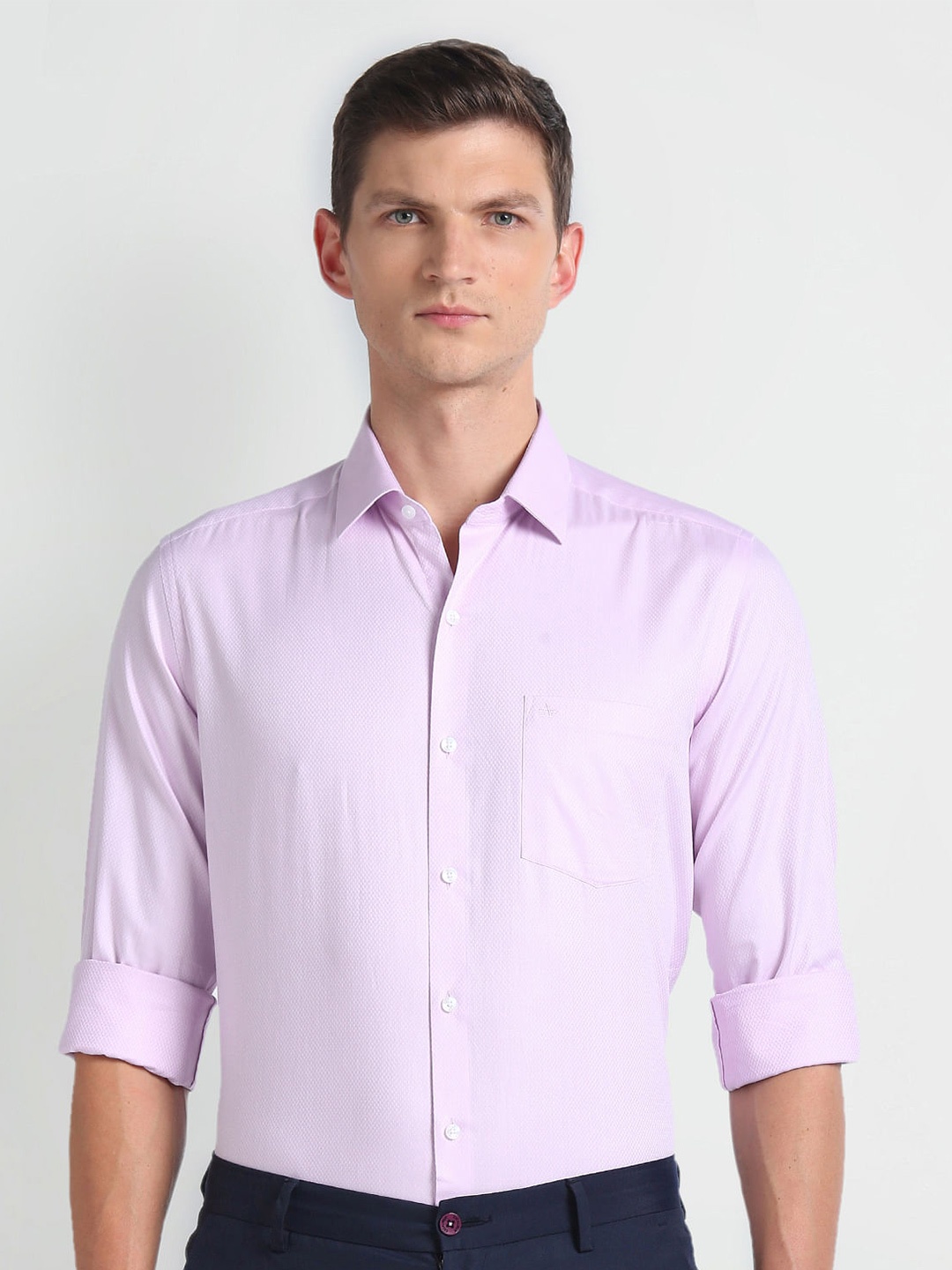 

Arrow Textured Self Design Cotton Slim Fit Opaque Formal Shirt, Purple