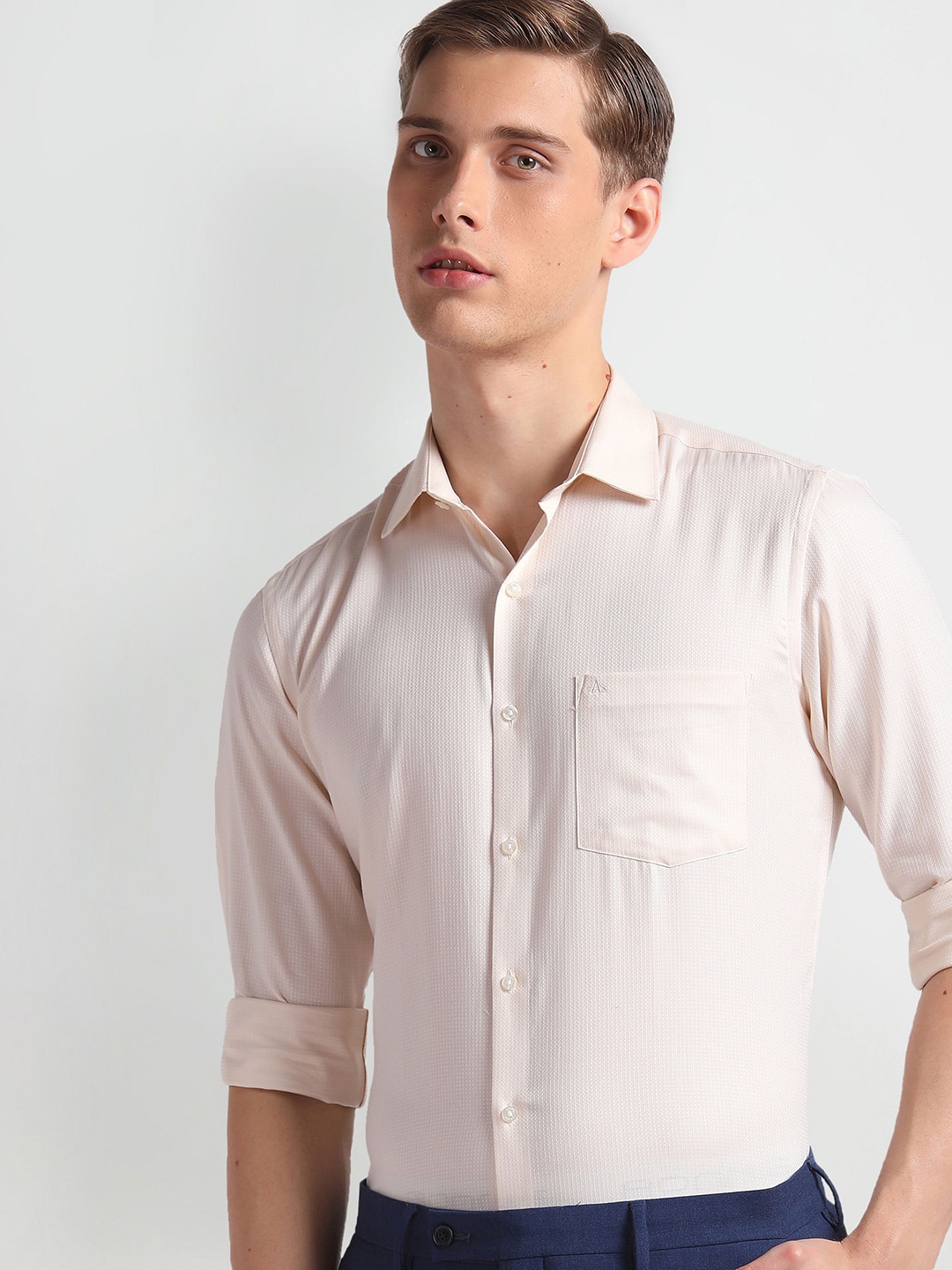 

Arrow Textured Cutaway Collar Pure Cotton Dobby Formal Shirt, Beige
