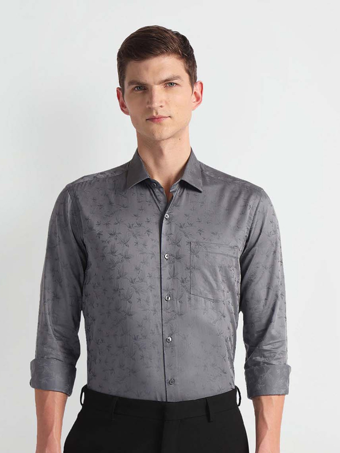 

Arrow Spread Collar Slim Fit Opaque Printed Cotton Formal Shirt, Grey