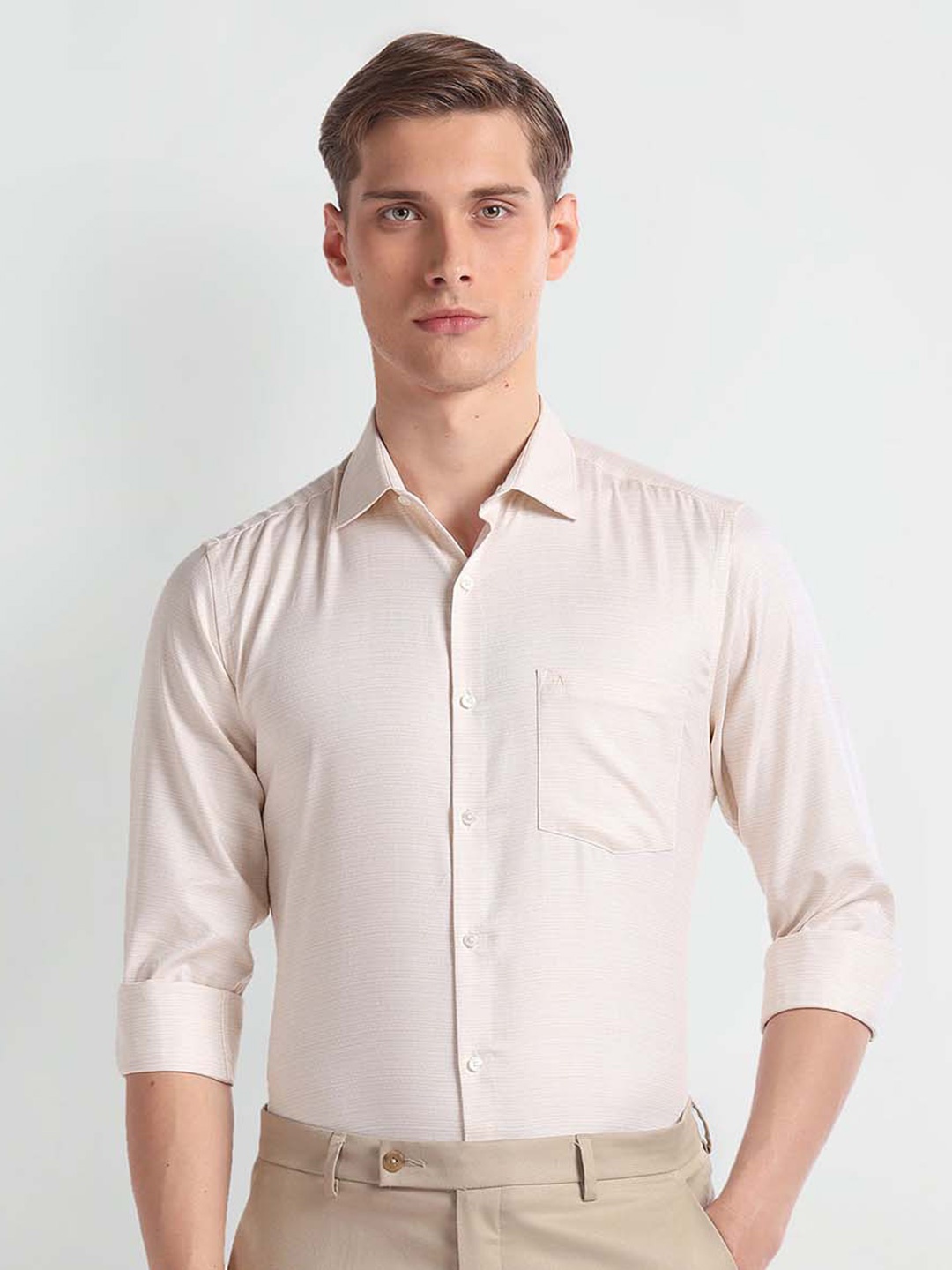 

Arrow Spread Collar Long Sleeves Pure Cotton Regular Fit Formal Shirt, Beige