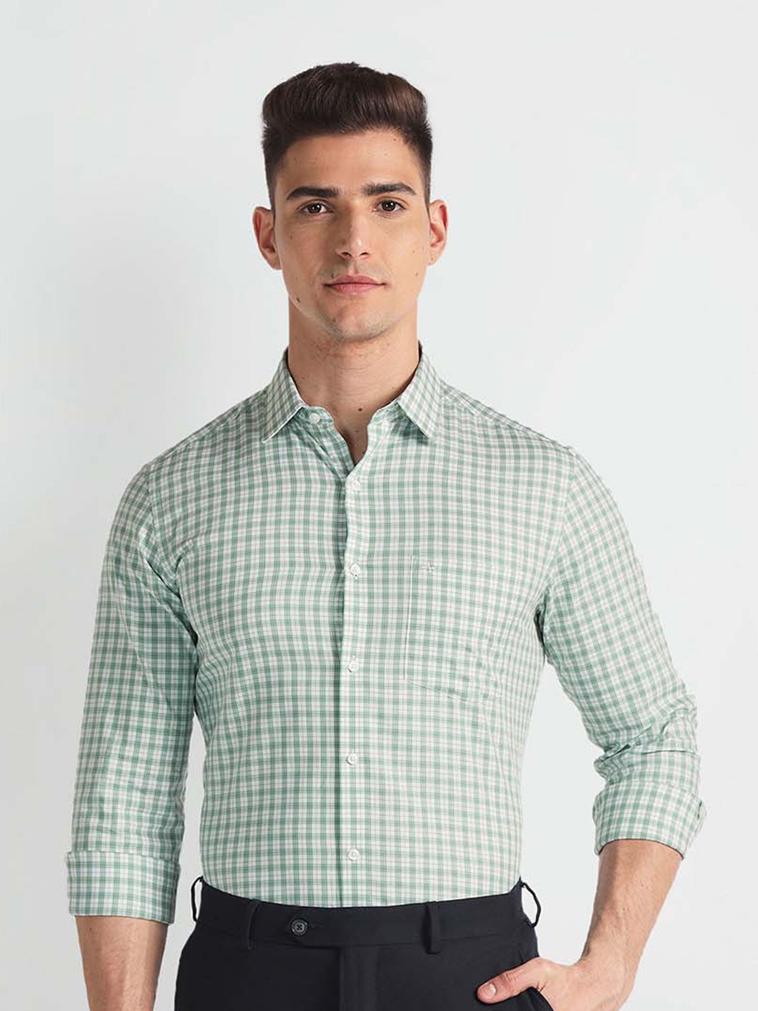 

Arrow spread collar Long Sleeves Checked Classic Fit Cotton Formal Shirt, Green