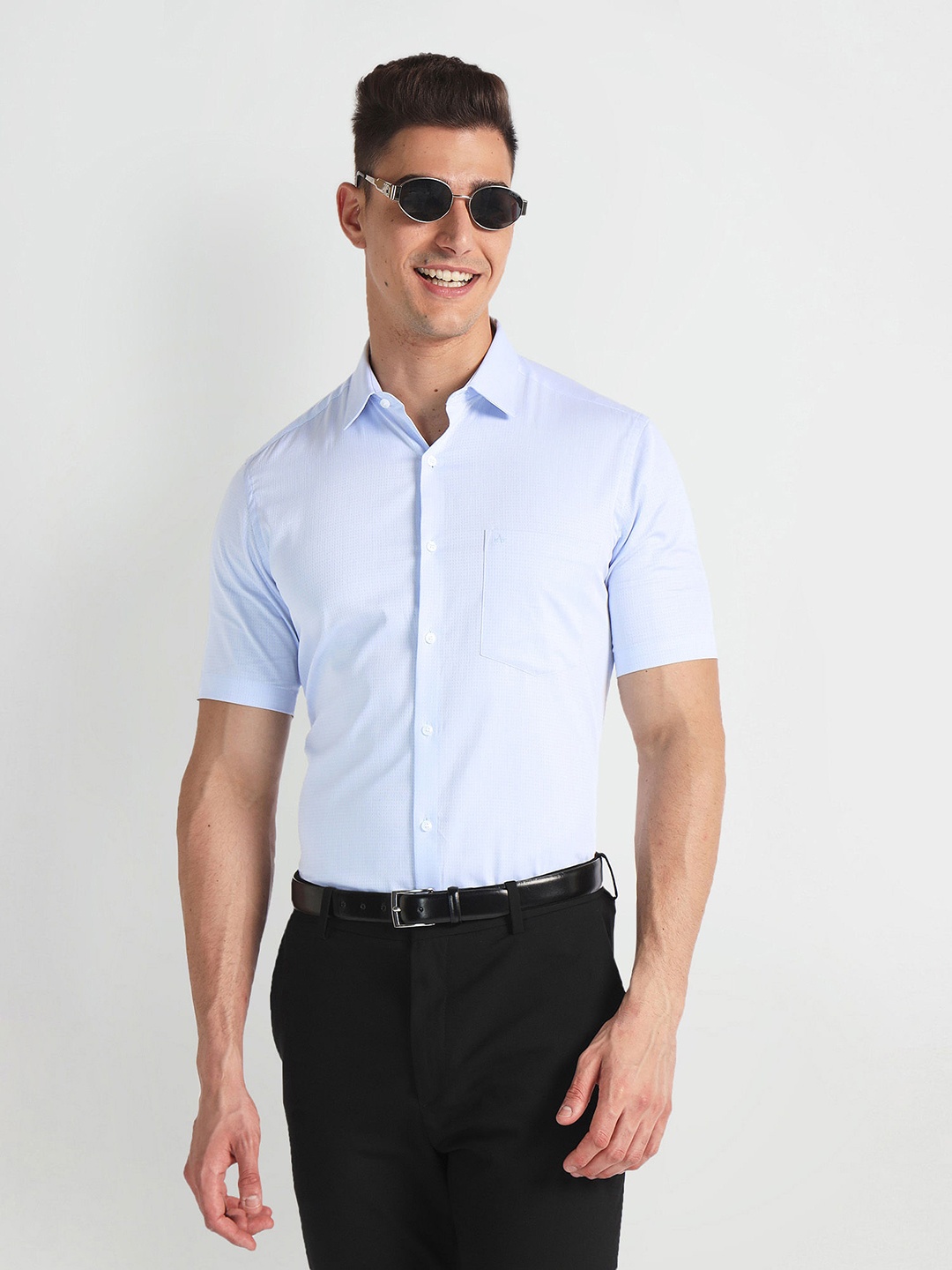 

Arrow Spread Collar Short Sleeve Cotton Formal Shirt, Blue