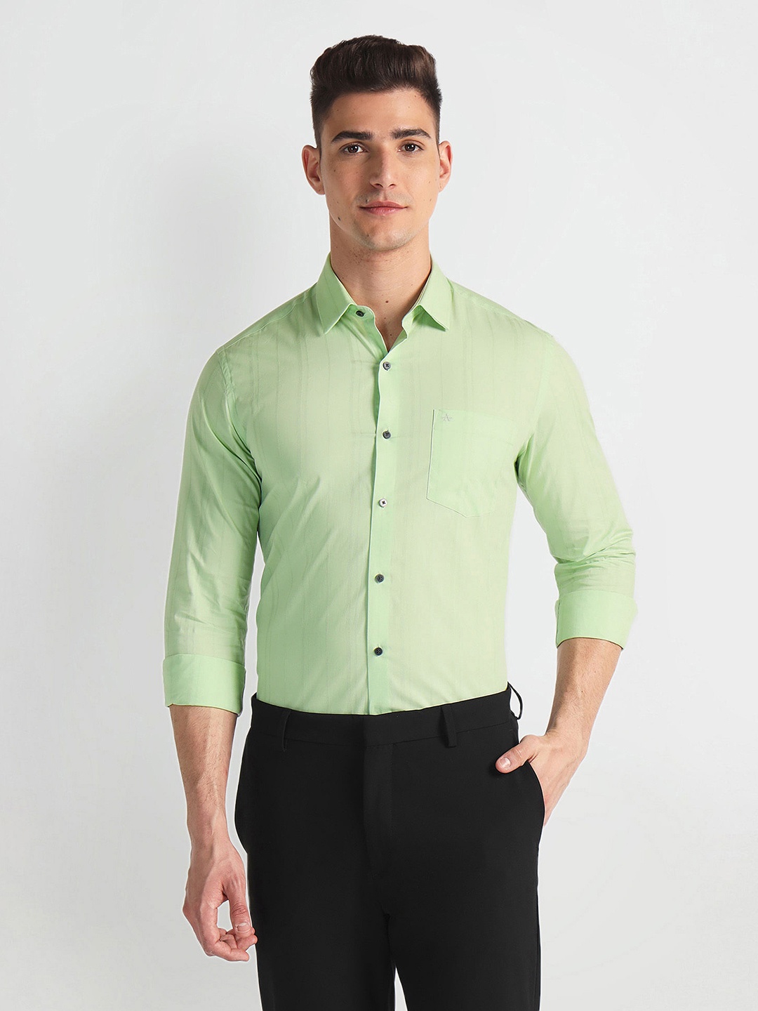 

Arrow Slim Fit Vertical Striped Pure Cotton Formal Shirt, Green