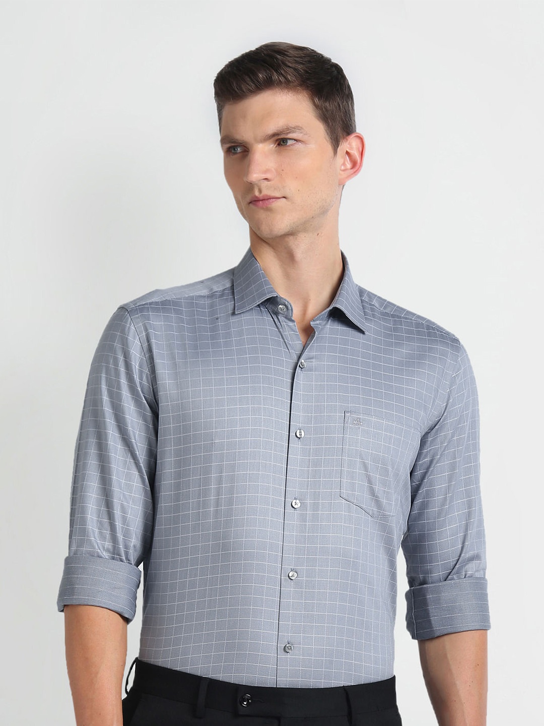 

Arrow Slim Fit Grid Tattersall Checks Opaque Checked Formal Shirt, Grey