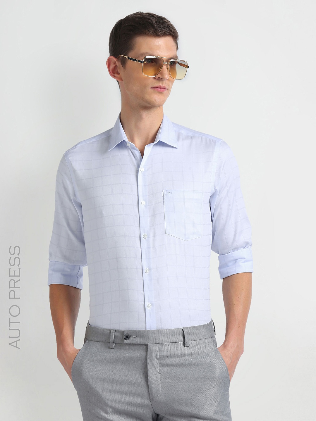

Arrow Slim Fit Windowpane Checked Cotton Opaque Autopress Formal Shirt, Blue