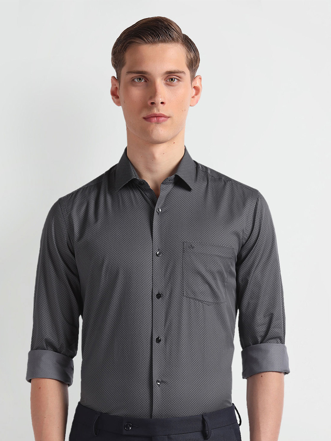 

Arrow Geometric Printed Cutaway Collar Pure Cotton Formal Shirt, Grey