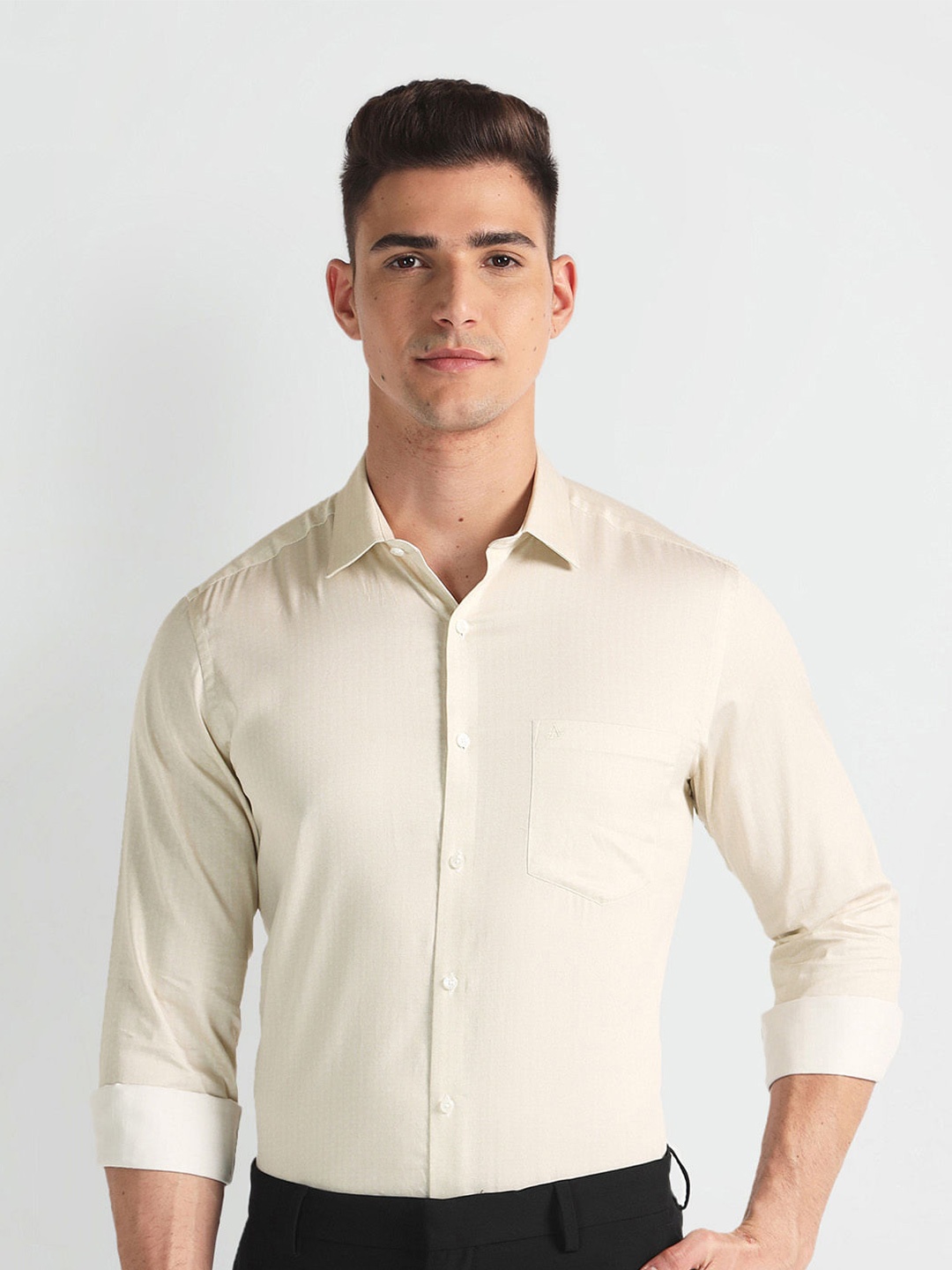 

Arrow Spread Collar Opaque Cotton Formal Shirt, Beige