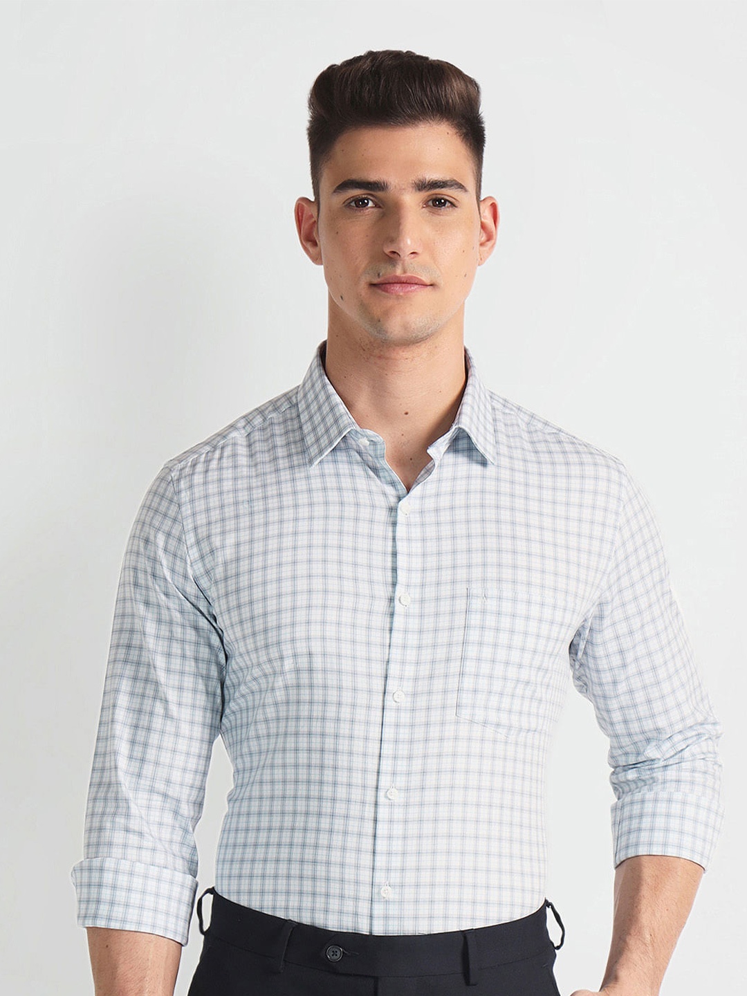 

Arrow Tartan Checked Cutaway Collar Twill Weave Pure Cotton Formal Shirt, Grey