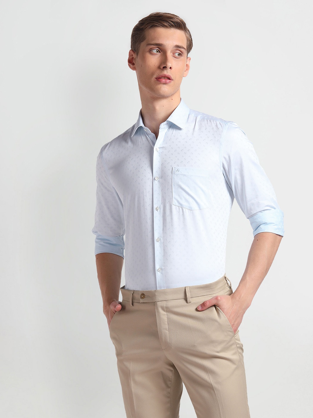 

Arrow Floral Printed Slim Fit Spread Collar Pure Cotton Formal Shirt, Blue