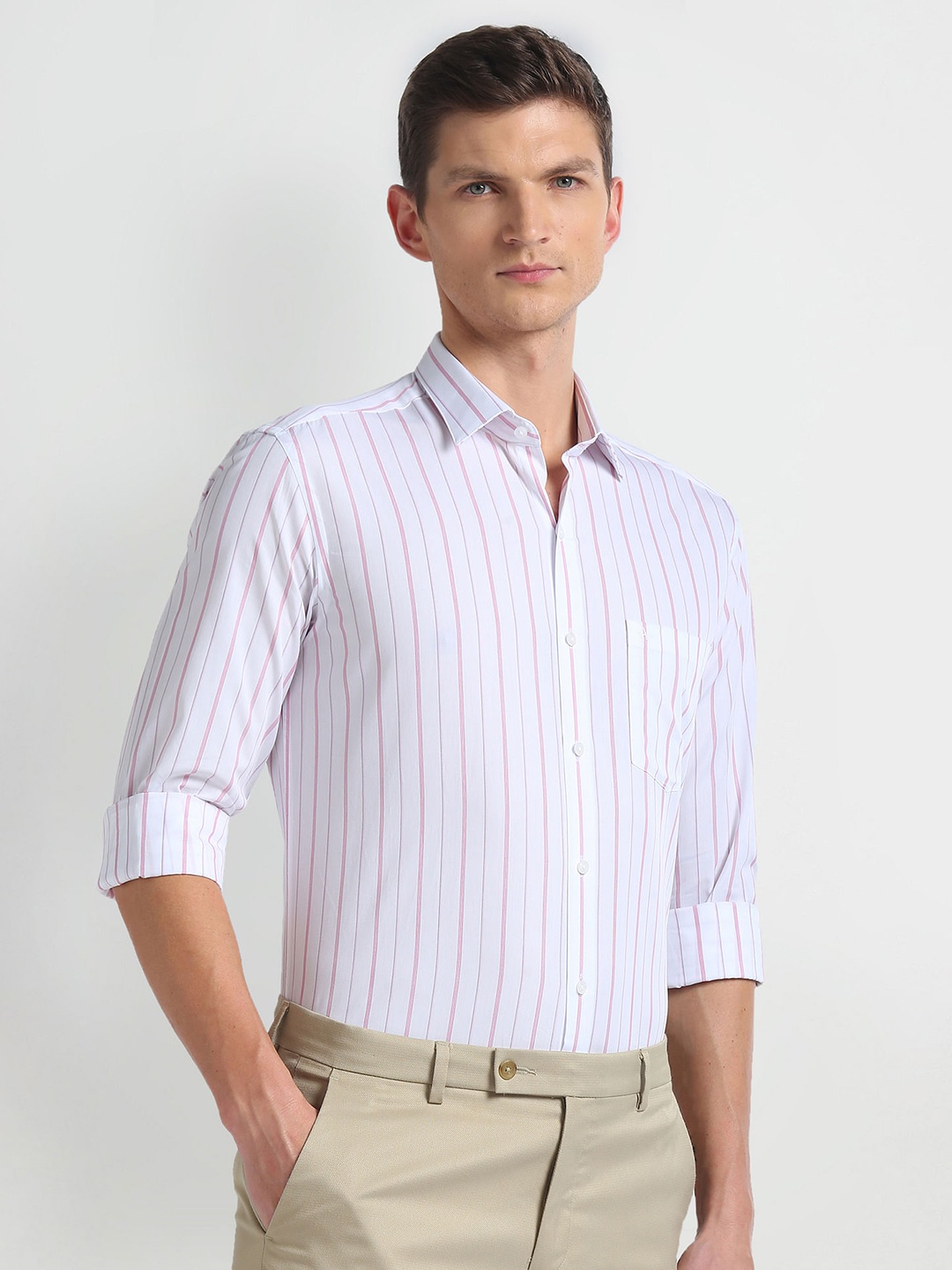 

Arrow Vertical Stripe Spread Collar Slim Fit Pure Cotton Formal Shirt, Pink