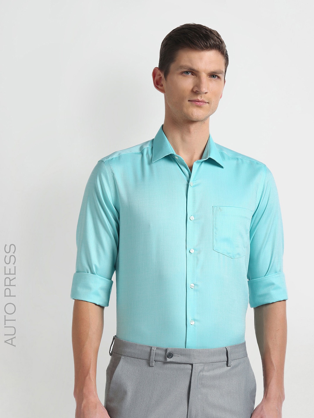 

Arrow Auto Press Slim Fit Textured Pure Cotton Autopress Formal Shirt, Green
