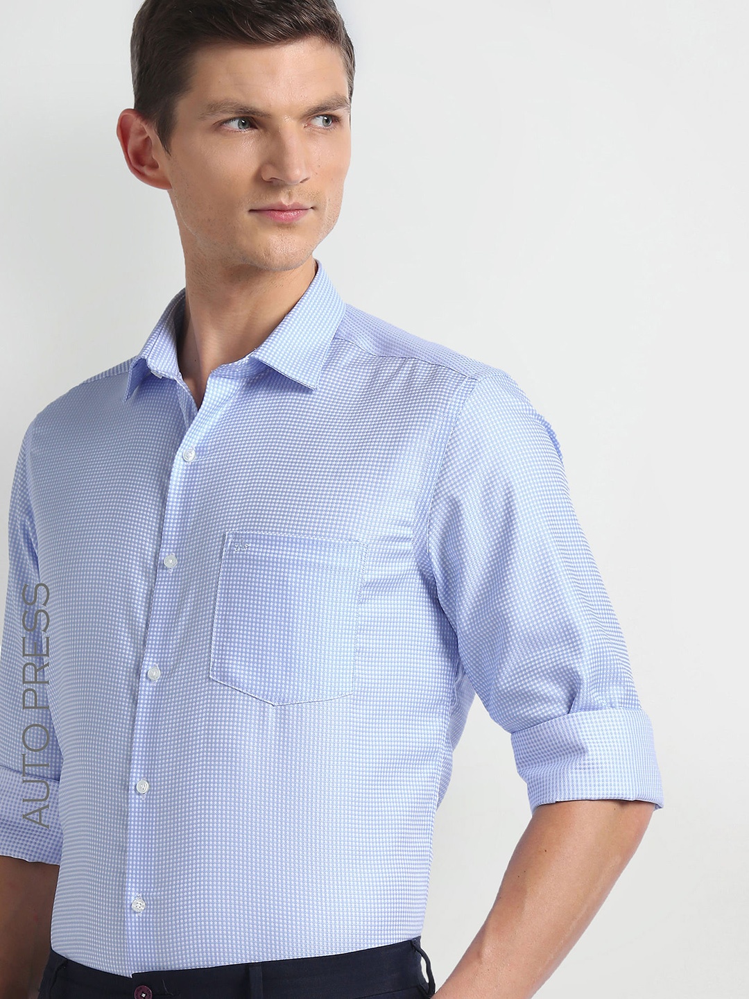 

Arrow Micro Checked Slim Fit Auto Press Cotton Autopress Formal Shirt, Blue