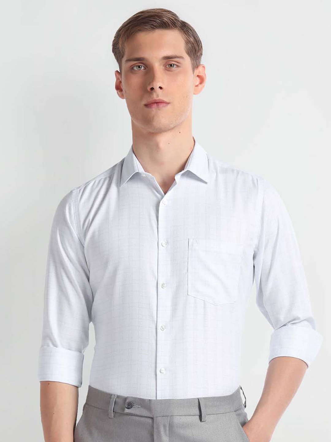 

Arrow Auto Press Checked Pure Cotton Twill Autopress Formal Shirt, White