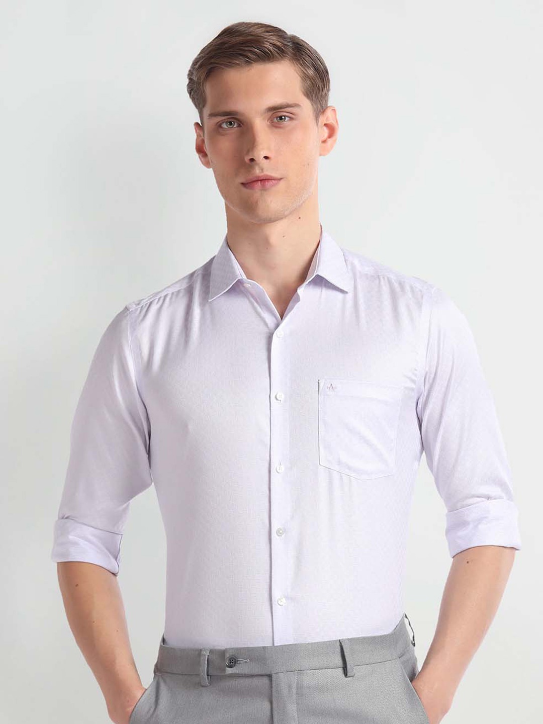 

Arrow Auto Press Slim Fit Micro Checks Cutaway Collar Twill Weave Pure Cotton Autopress Formal Shirt, Purple